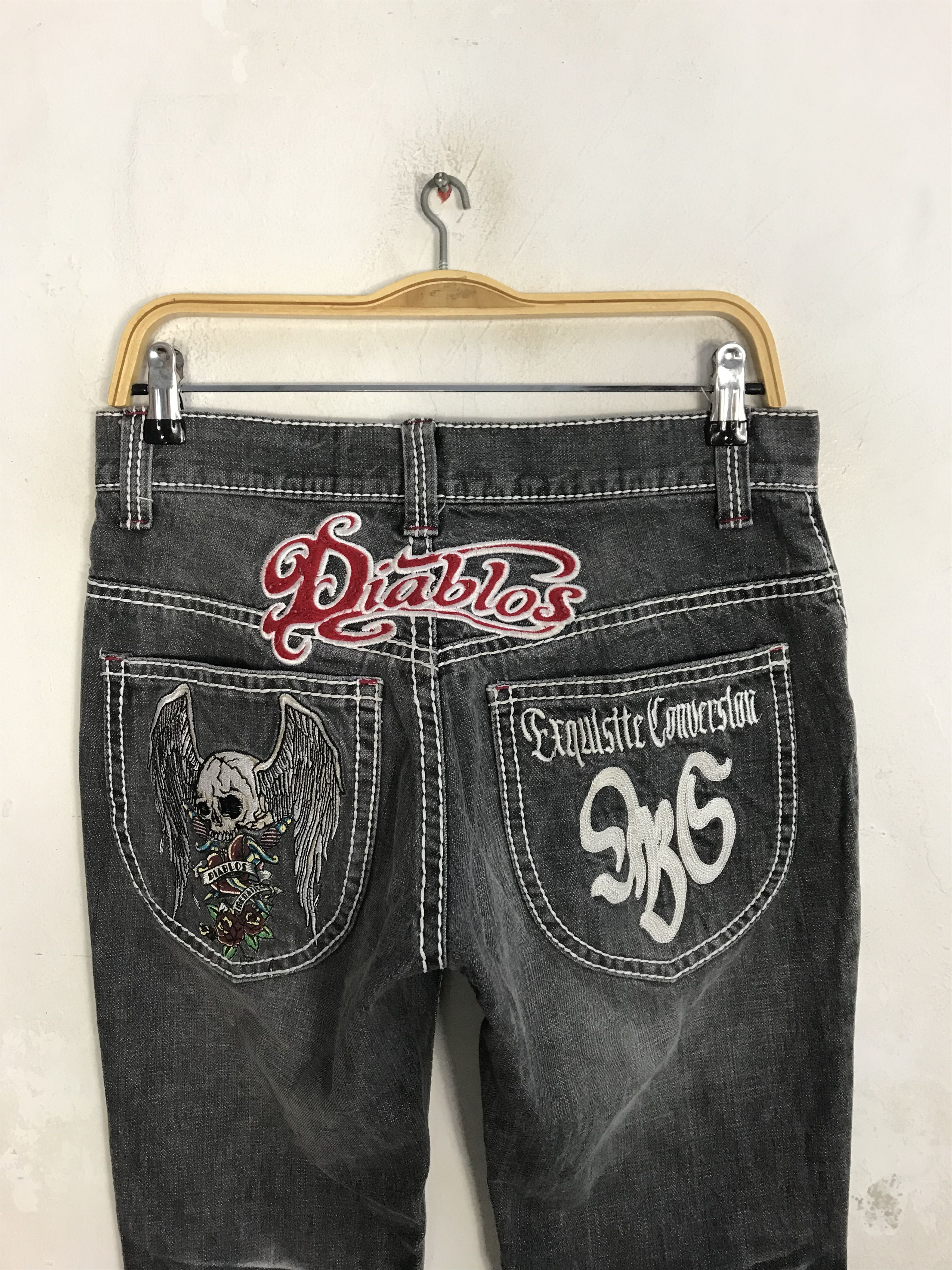 Japanese Brand Diablos Exquilsite Converslou Black Jeans Embroidery Logo Size 29" - 4 Thumbnail