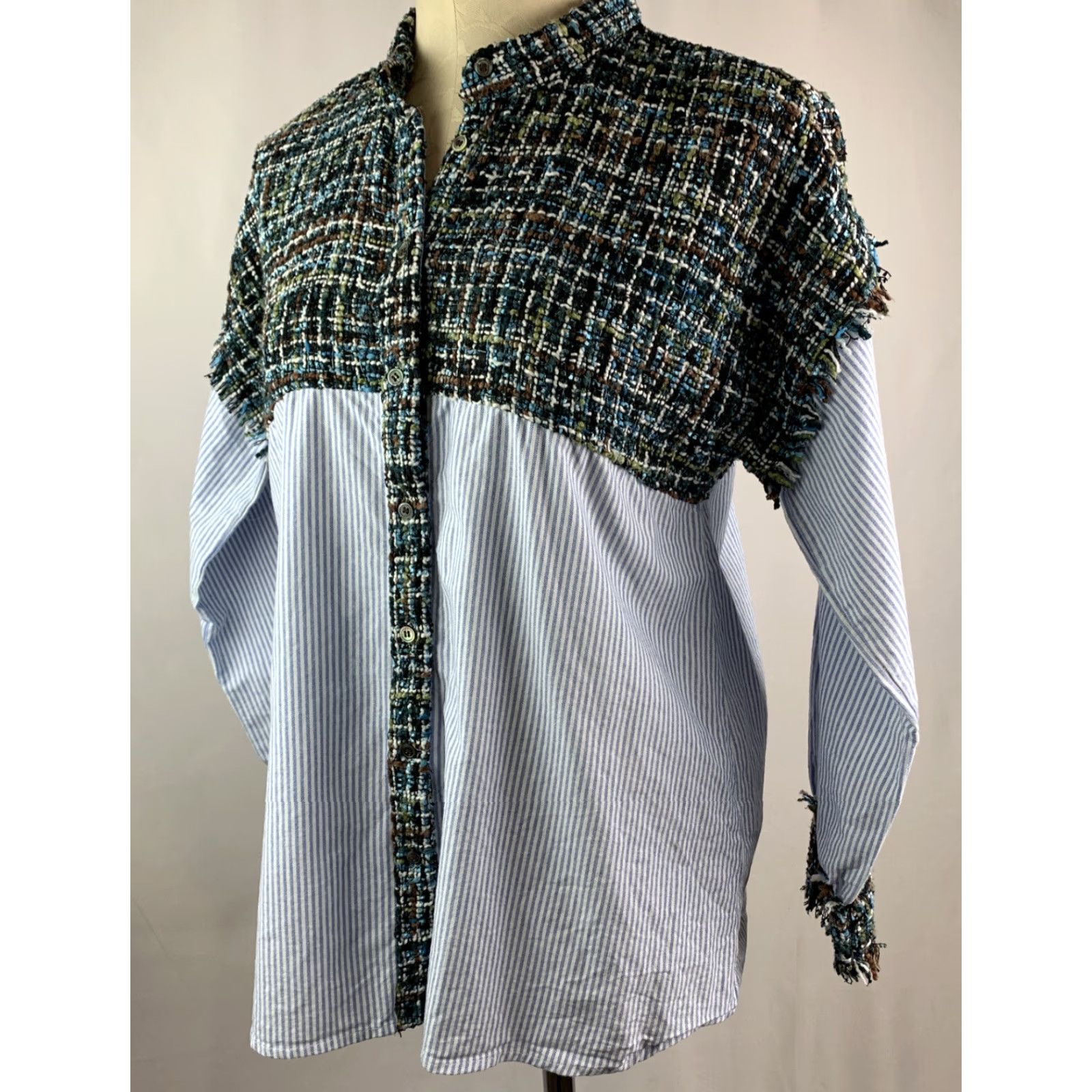 Zara VINTAGE Zara Basics Collection Mixed Fabric Women's Button Up Shirt Top Size M / US 6-8 / IT 42-44 - 7 Thumbnail
