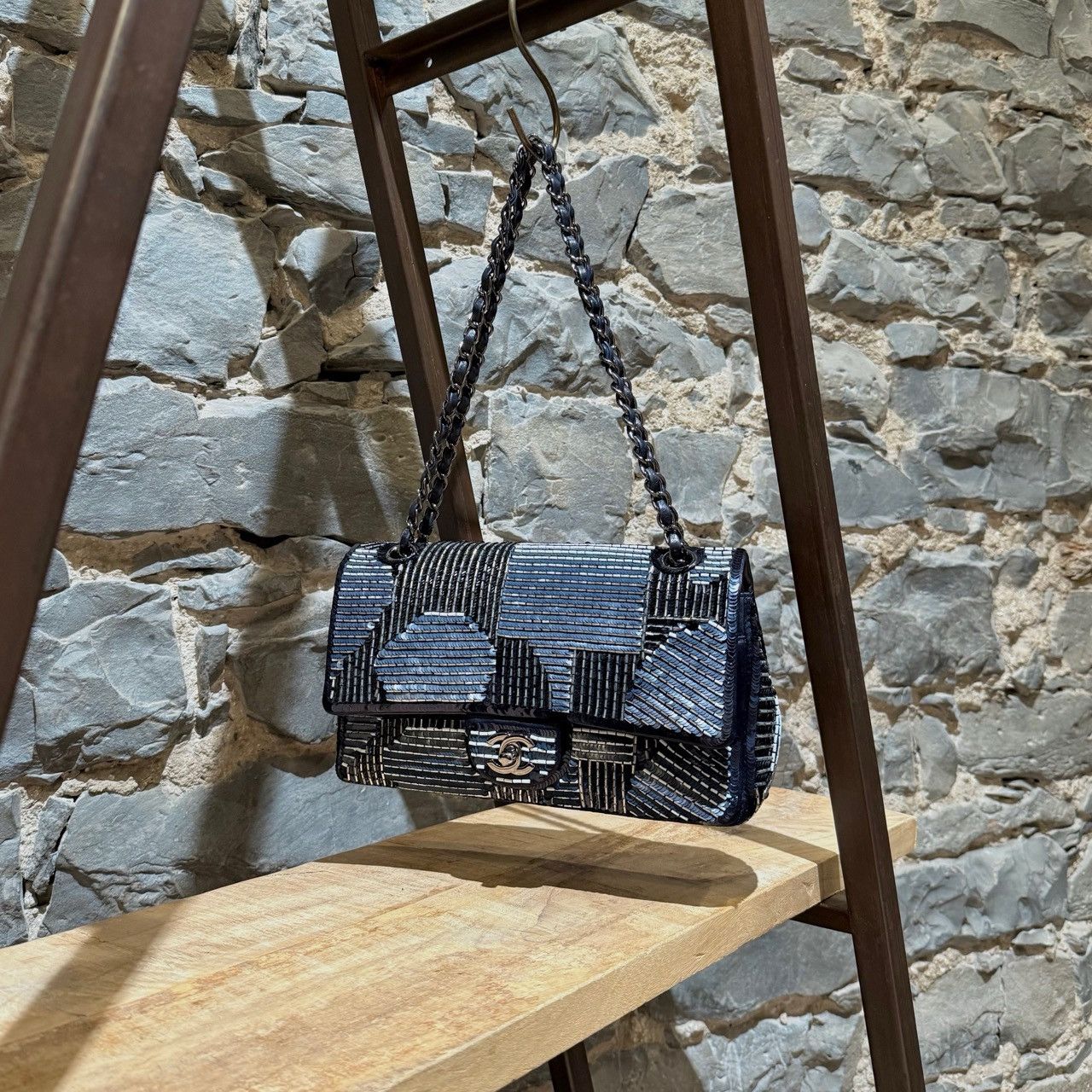 Chanel Chanel Navy Blue Satin Sequin Beaded Medium Double Flap Bag Size ONE SIZE - 16 Thumbnail