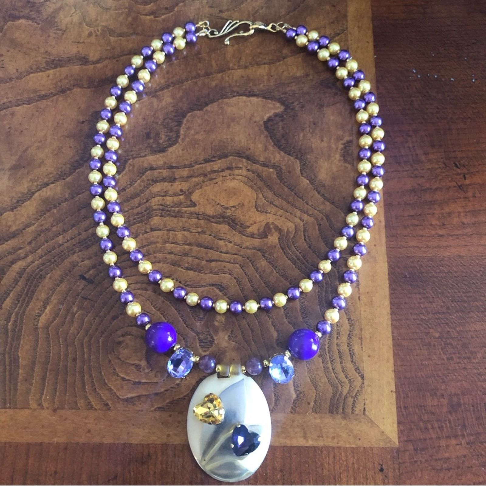 Handmade Handcrafted repurpose purple and gold glass Pearl necklace Size ONE SIZE - 10 Thumbnail