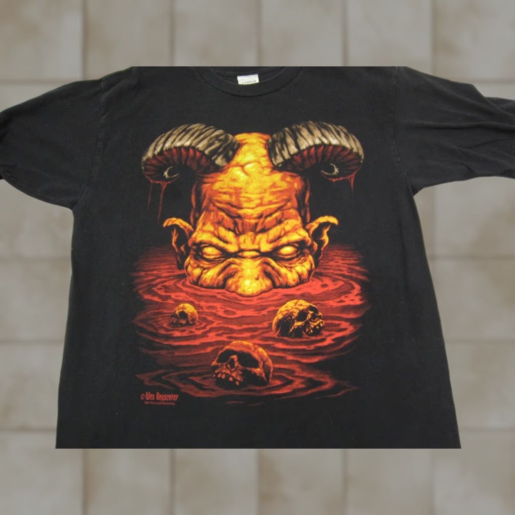 Vintage VINTAGE Cygnus Devil Skulls Shirt Adult L Black Crew Neck Short Sleeve T-Shirt Men Wes Benscoter 90s Skull Theme Size US L / EU 52-54 / 3 - 1 Thumbnail