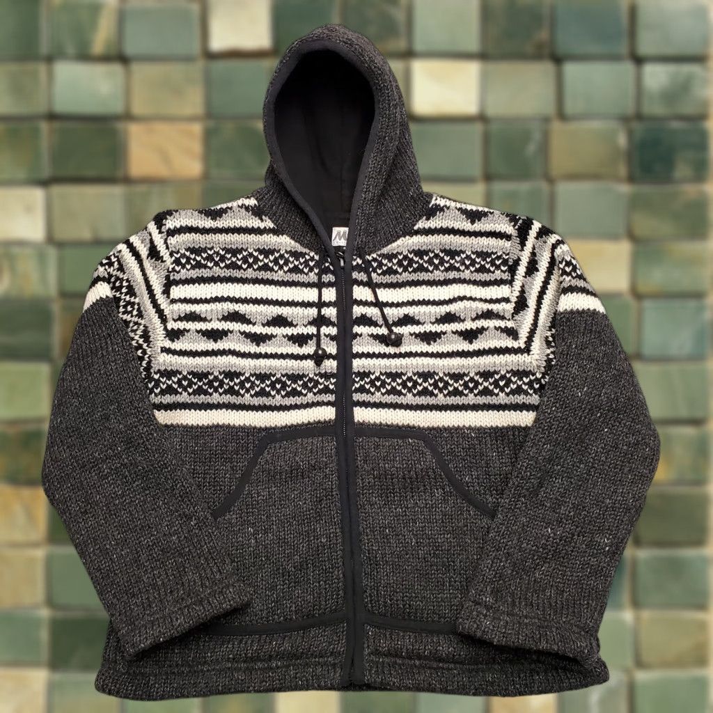 VINTAGE Rocky Mountain Outfitters Women S Gray Hoodie Sweater Jacket 100% Wool Nepal fleece Knit Plaid Zip Pockets Casual Outdoor Mens Womens