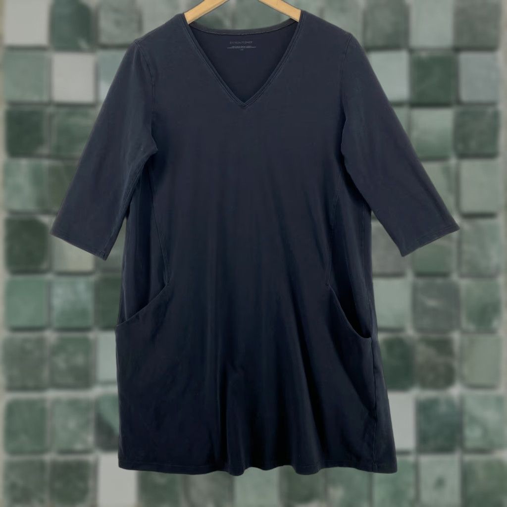 EILEEN FISHER Dress S Organic Cotton Stretch Jersey Shift 3/4 Sleeve Black  USA