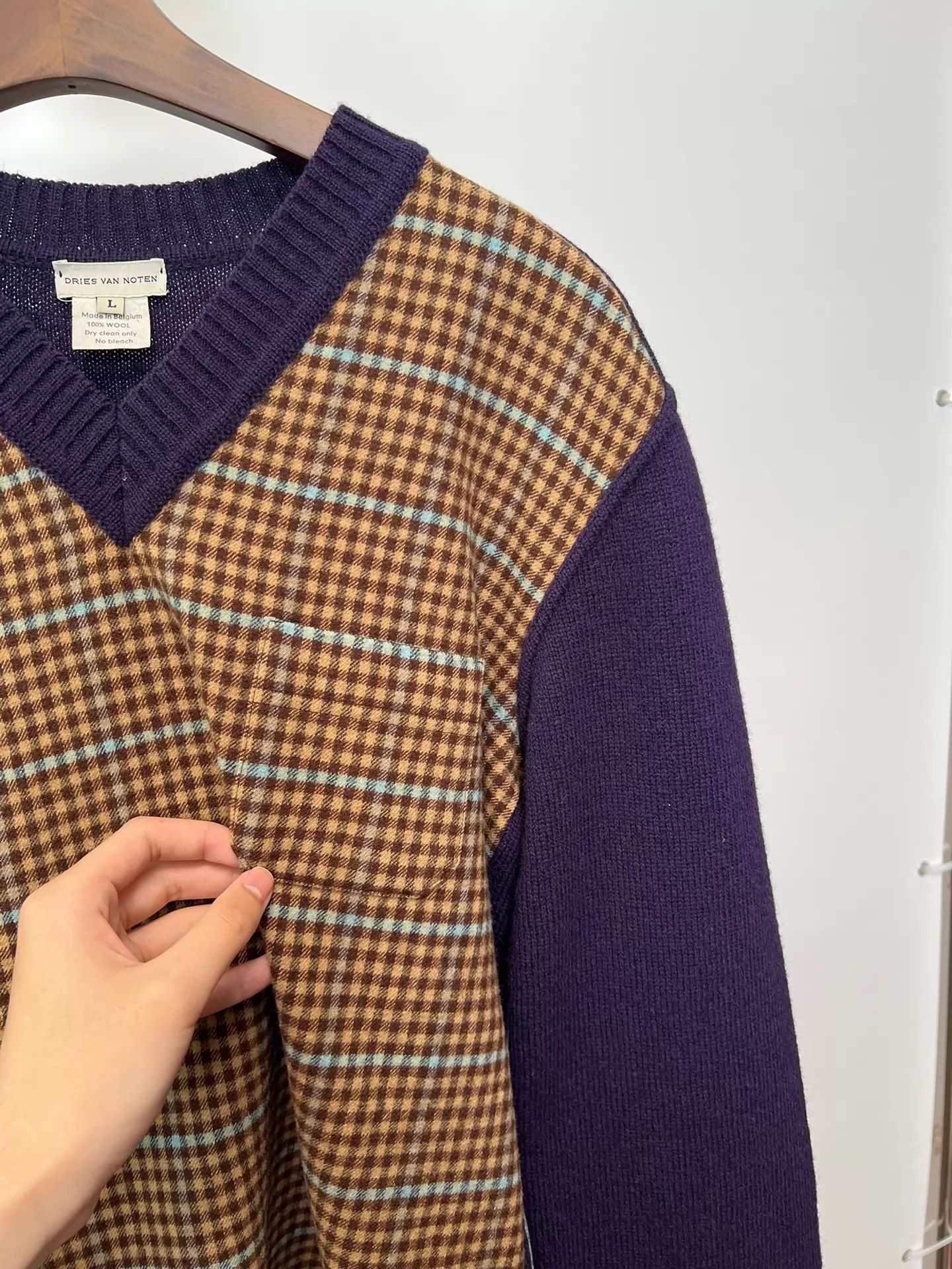 Dries Van Noten DVN Purple Check Colorblock Wool Sweater Size L / US 10 / IT 46 - 5 Thumbnail