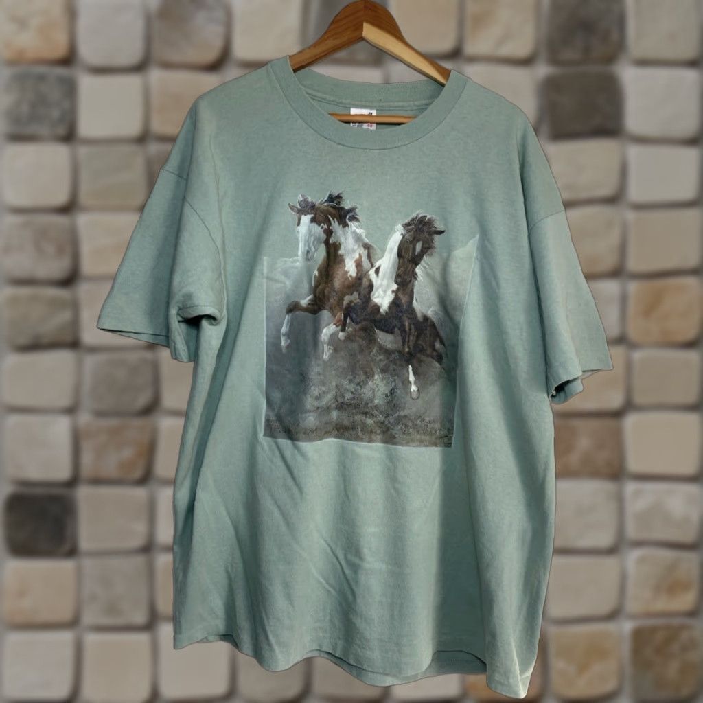 Anvil VINTAGE Anvil Chuck Dehaan Horses Art T-Shirt 2X Unisex Adults Green 80s 1989 Made in USA Short Sleeve Crew Neck Cotton Size US XXL / EU 58 / 5 - 1 Thumbnail