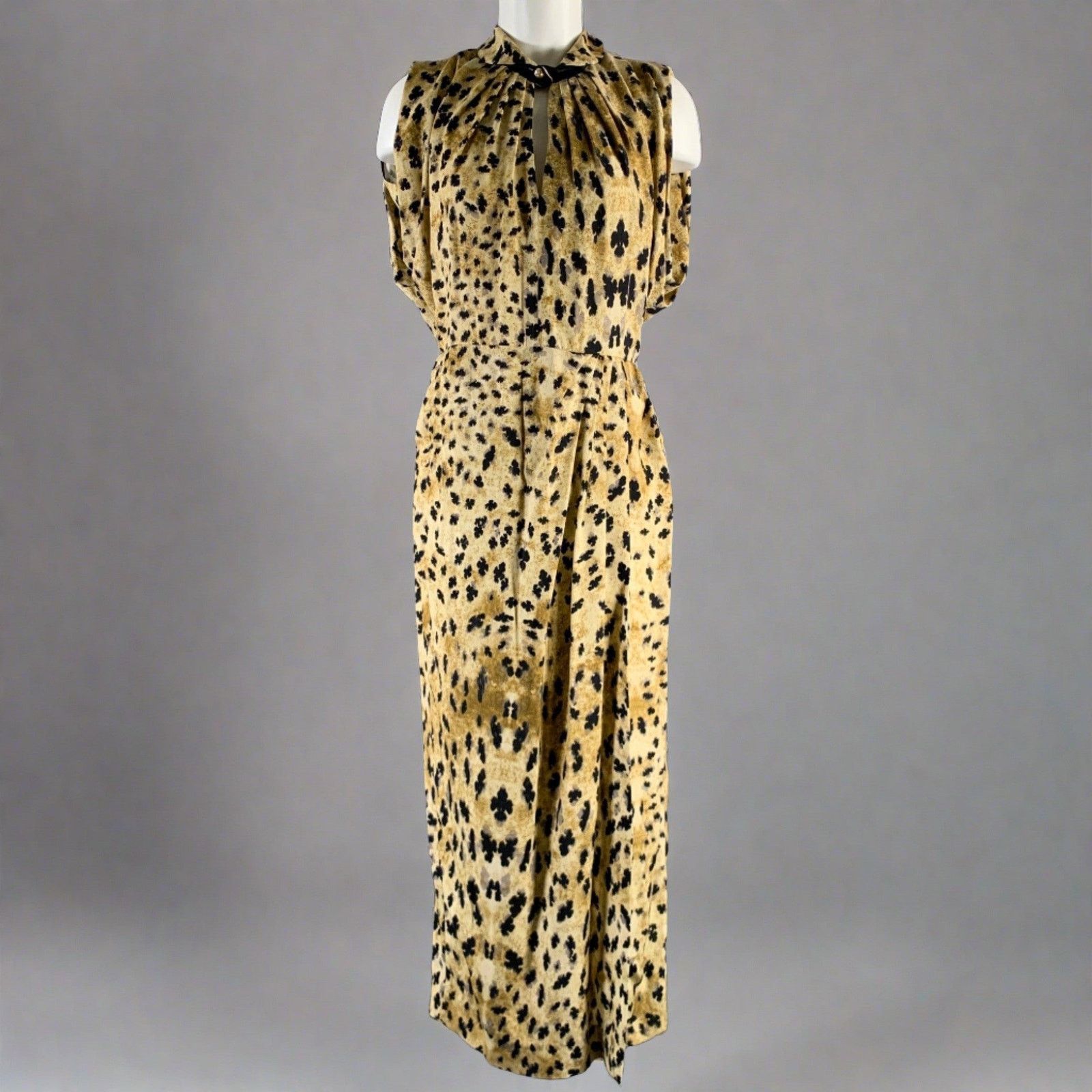 Beige Black Viscose Abstract Drape-shoulder Long Dress