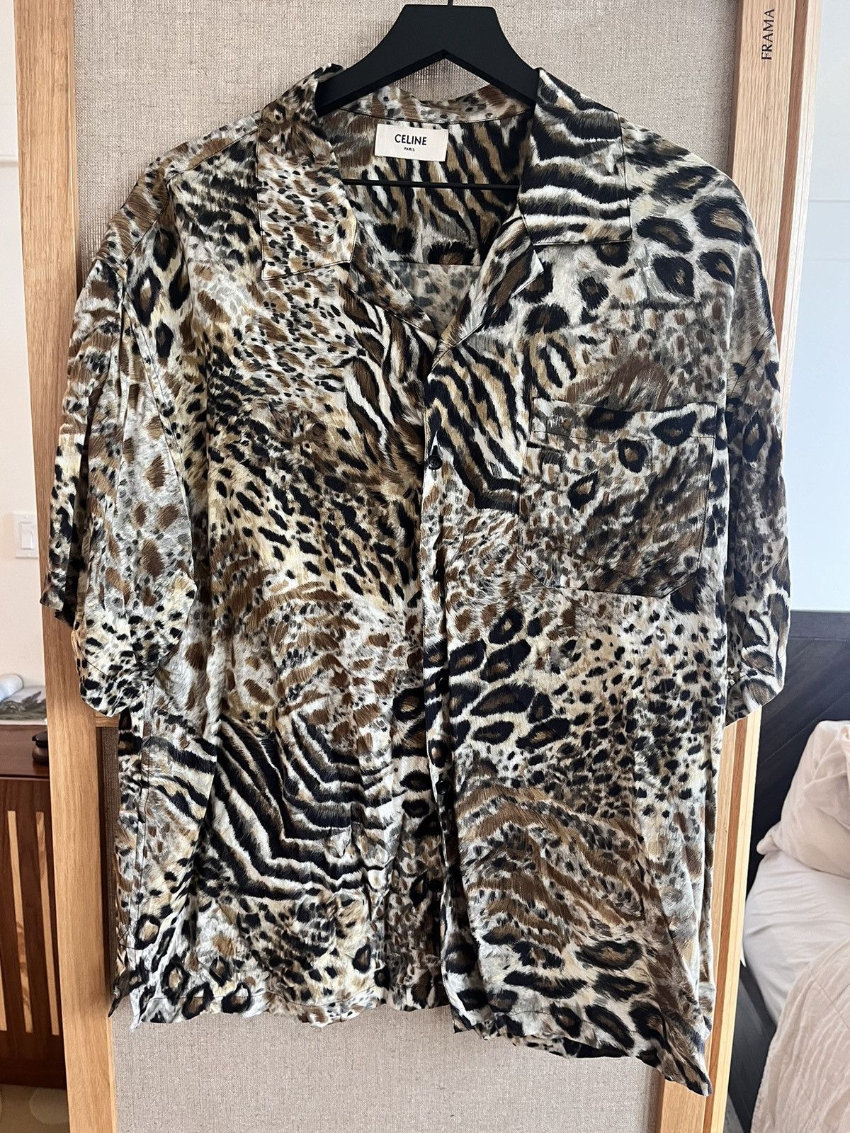 image of Celine Camp-Collar Animal-Print Voile Shirt in Leopard, Men's (Size Small)