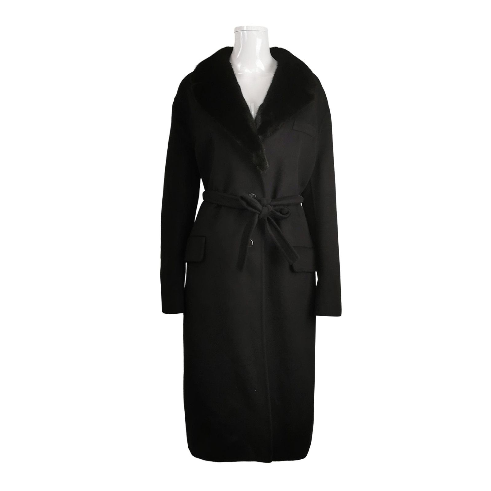Prada Prada Black Wool Blend Long Coat with Fur Collar 0079 Size US L / EU 52-54 / 3 - 1 Thumbnail
