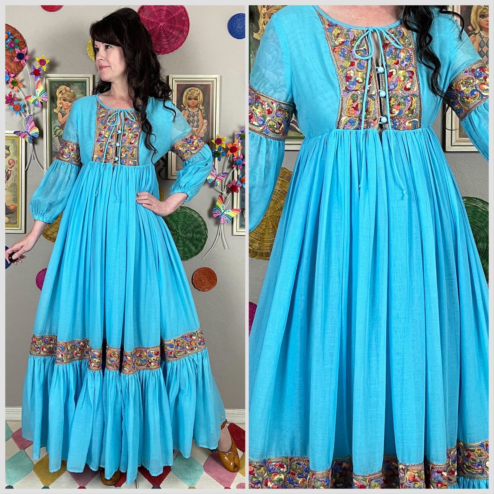 image of Vintage 1970S Blue Embroidered Boho Gauzy Cotton Peasant Dress, Women's (Size XS)