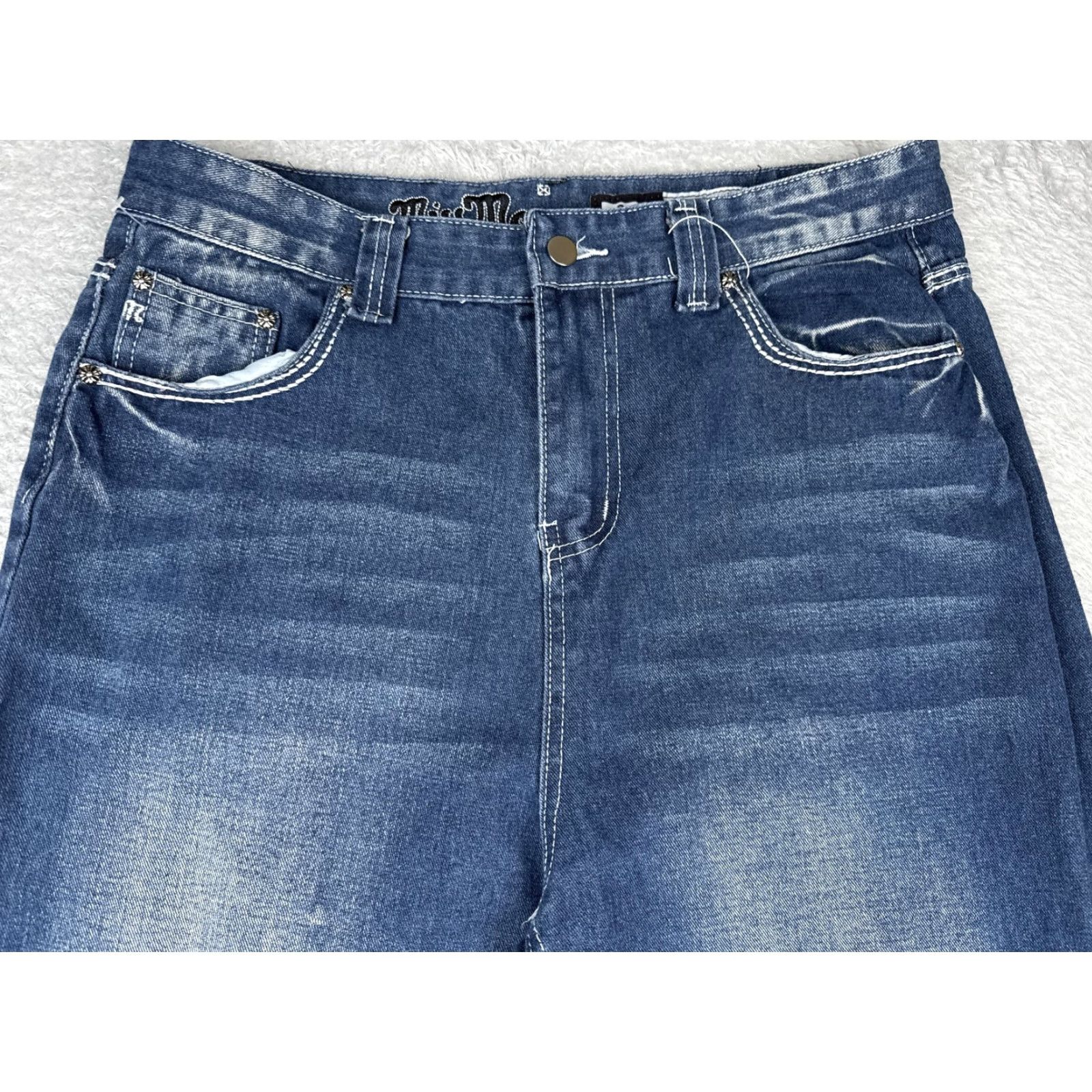 Miss Me VINTAGE Miss Me Jeans Womens 27 Blue Rhinestone Cross Back Pockets Distressed JP5854B Size 27" / US 4 / IT 40 - 4 Thumbnail
