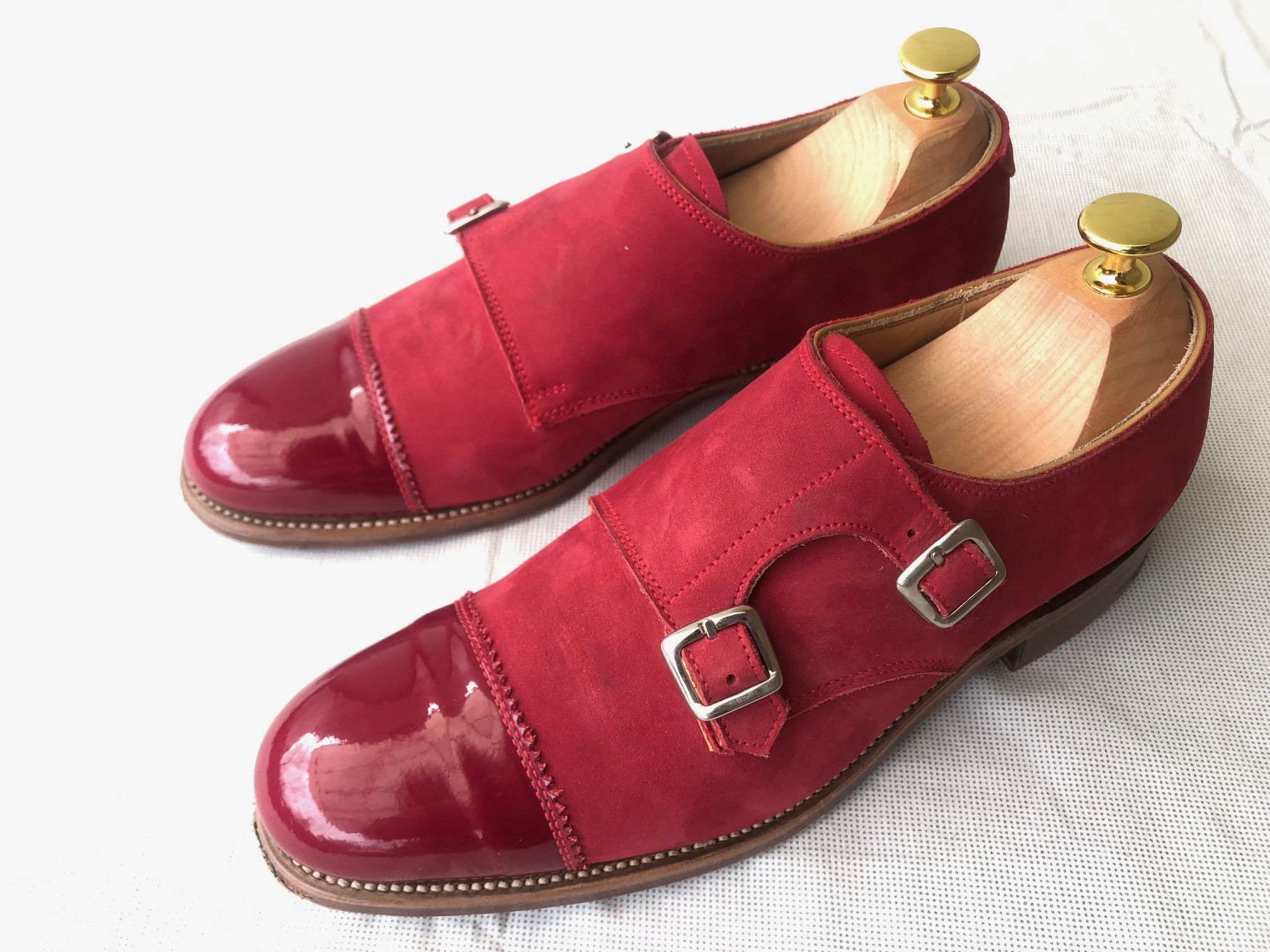 Grenson Red suede/leather cap toe double monk strap shoes