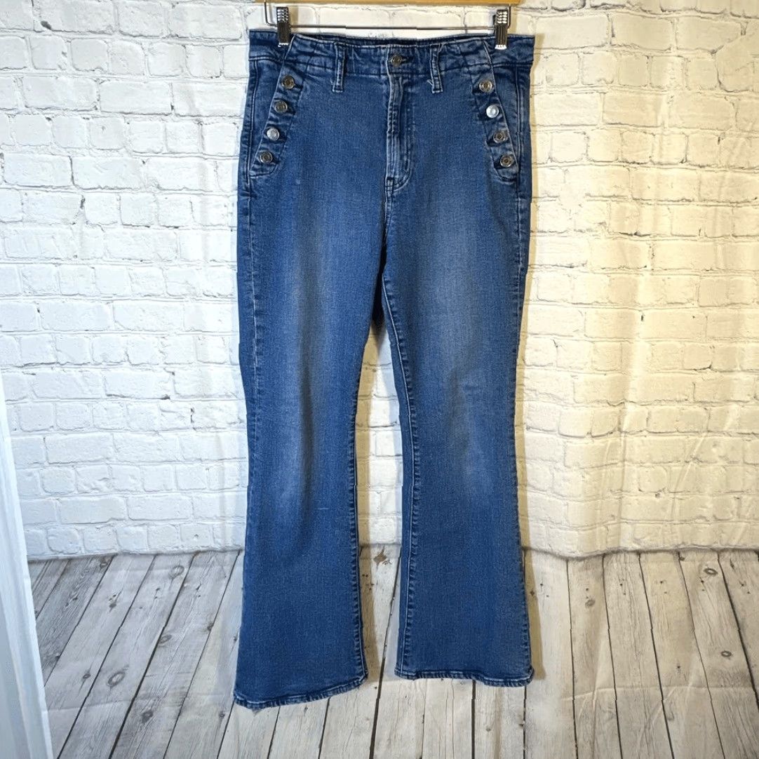 Gap VINTAGE Gap 70s Flare Jeans Women’s 10 High Waisted Button Pocket Medium Wash Stretch Jeans Blue Women Ladies Pants 70s Flare Wide-Leg Mens? Size 32" / US 10 / IT 46 - 2 Thumbnail