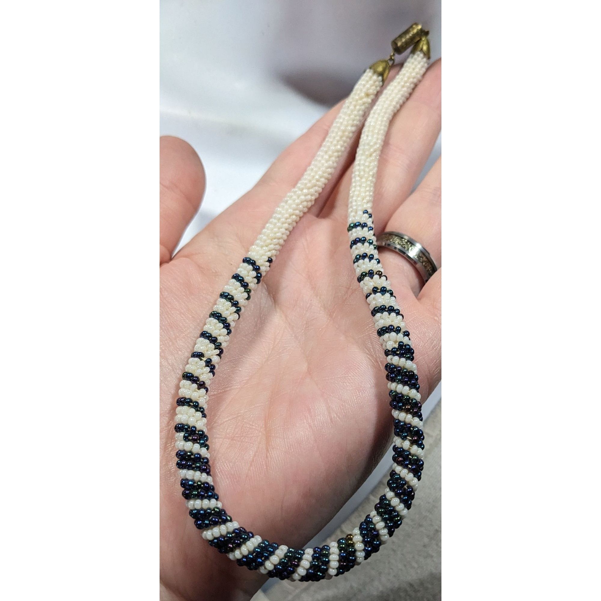 Handmade Vintage Handmade White And Blue/Black Beaded Rope Necklace Size ONE SIZE - 3 Thumbnail