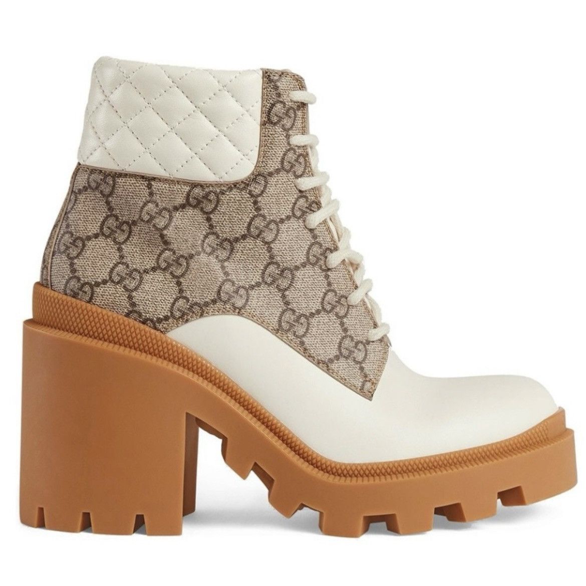image of Gucci Trip GG Supreme Logo Heel Shoesed Ankle Boots in Beige, Women's (Size 10)