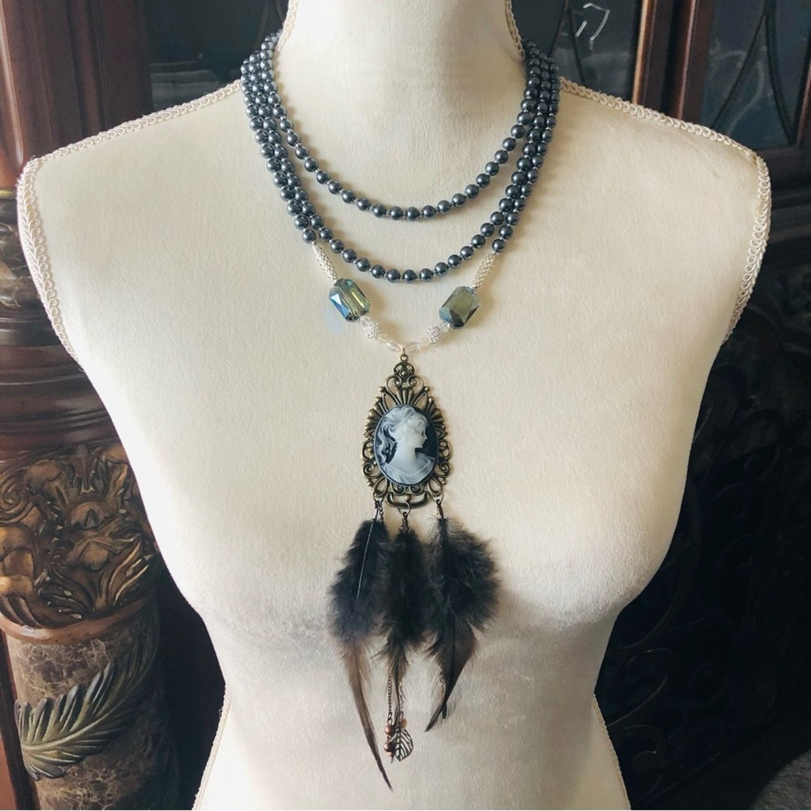 Handmade Handcrafted filigree cameo Pearl labradorite necklace Size ONE SIZE - 2 Thumbnail