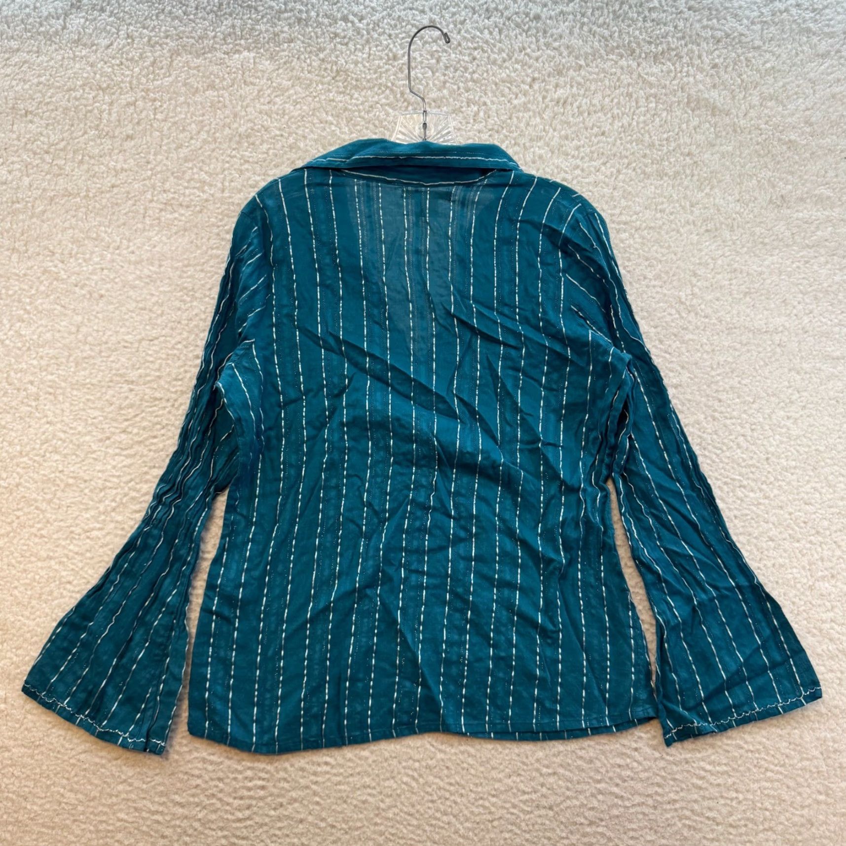 Altea Y2K Vintage Blouse Top XL Teal Blue Flared Sleeve Collared Silver Embroidery Shirt Womens XL Blue Boho Antilia Femme Size XL / US 12-14 / IT 48-50 - 2 Thumbnail