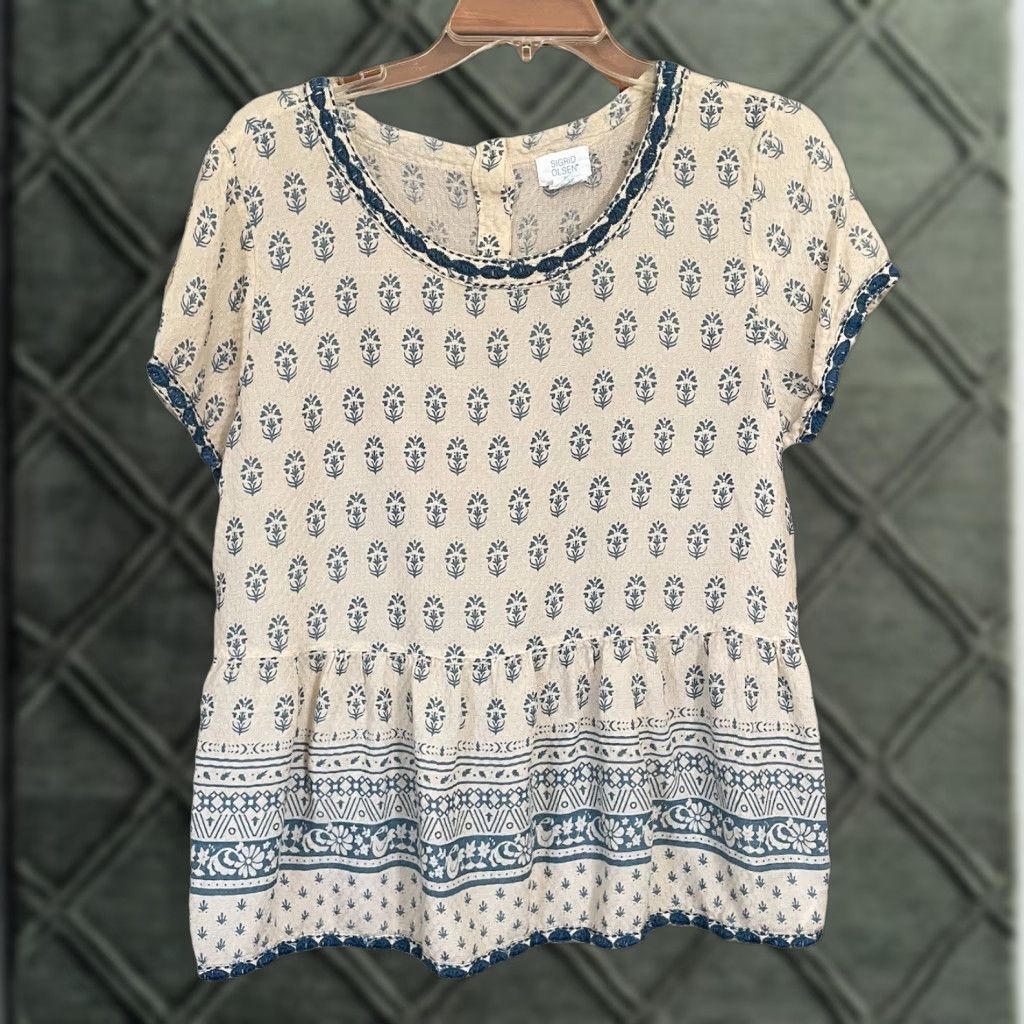 Vintage Sigrid Olsen Blouse Top Size L Cream Blue Embroidered Short Sleeve Modal Daisy Floral Bohemian Classic Womens Regular Shirt Size L / US 10 / IT 46 - 1 Thumbnail