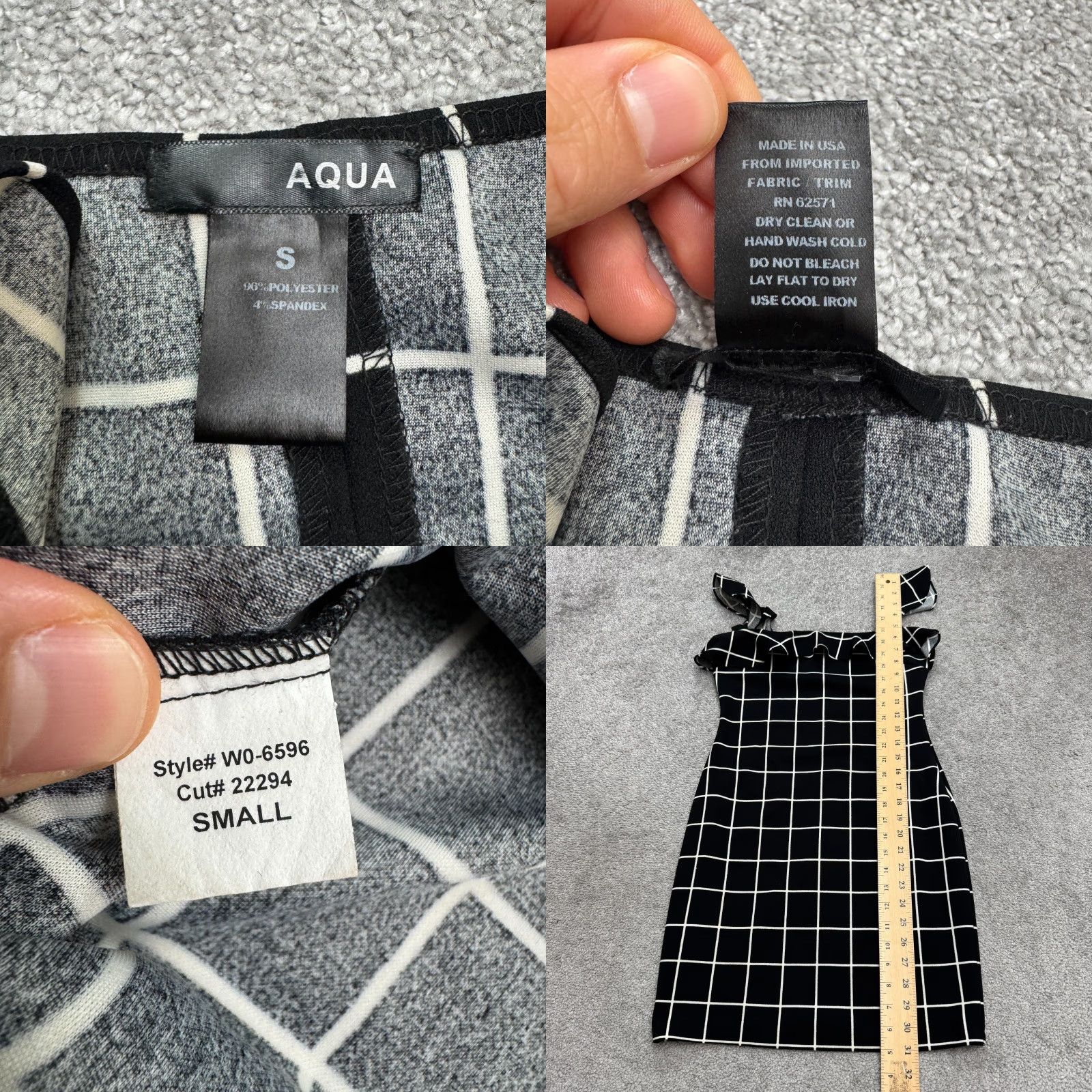 AQUA Aqua Dress Bodycon Mini Women's Small Black Square Neck Ruffle Sleeveless Check Pattern Lightweight Polyester Spandex Classic Designer Casual Size S / US 4 / IT 40 - 8 Thumbnail