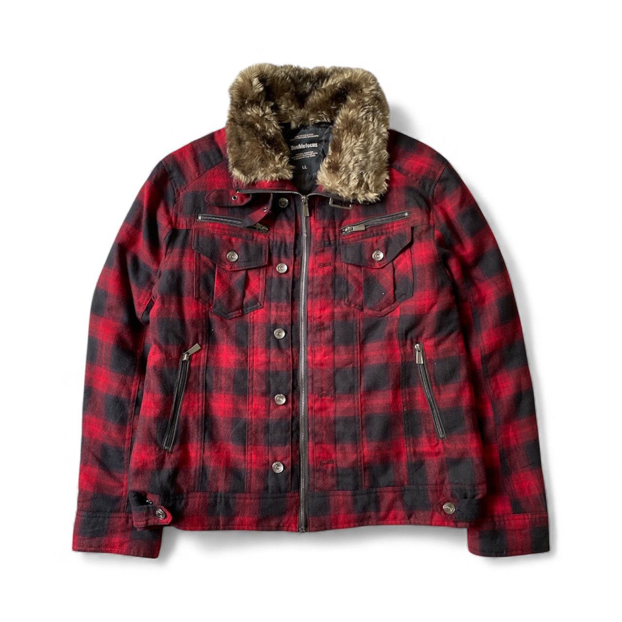If Six Was Nine Double Focus Red Tartan Design Fur Zipper Jacket Size US L / EU 52-54 / 3 - 1 Thumbnail