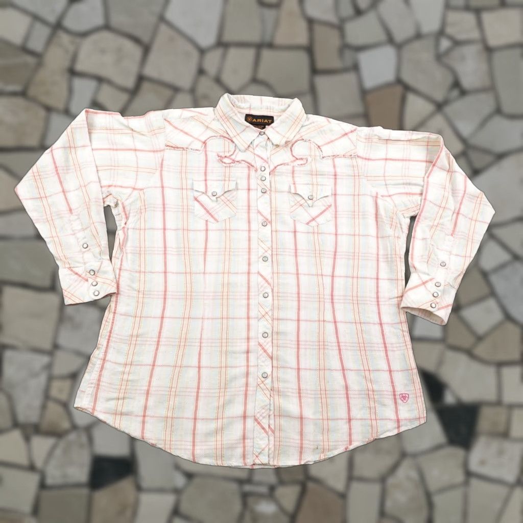 Ariat Ariat Shirt Womens XXL Pink Blue White Plaid Western Pearl Snap Metallic Rodeo Size XXL / US 16-18 / IT 52-54 - 1 Thumbnail