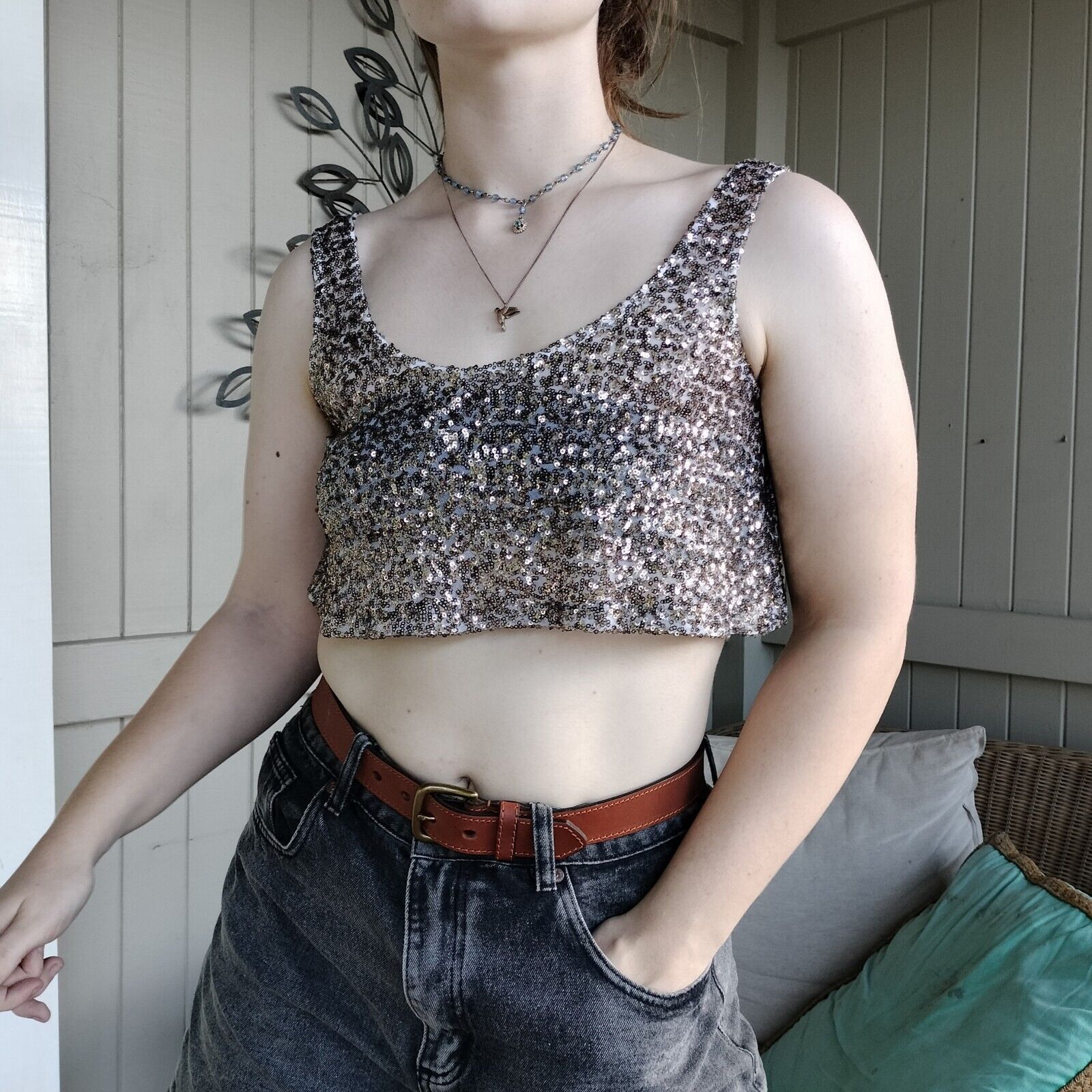 Japanese Brand Crop Top Tank Sequin Mesh Embroidered Baroque Festival Size ONE SIZE - 3 Thumbnail