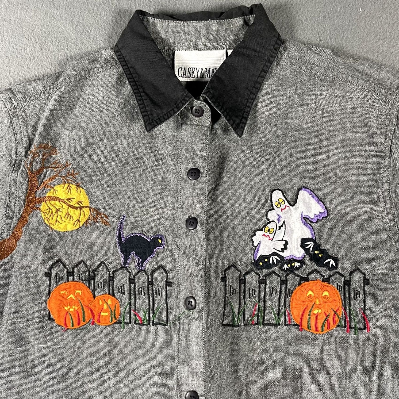 Vintage VINTAGE Casey & Max Shirt Womens Large Gray Halloween Embroidered Ghost Cat Pumpkin Fall Mens Womens Girls Boys Size L / US 10 / IT 46 - 2 Thumbnail