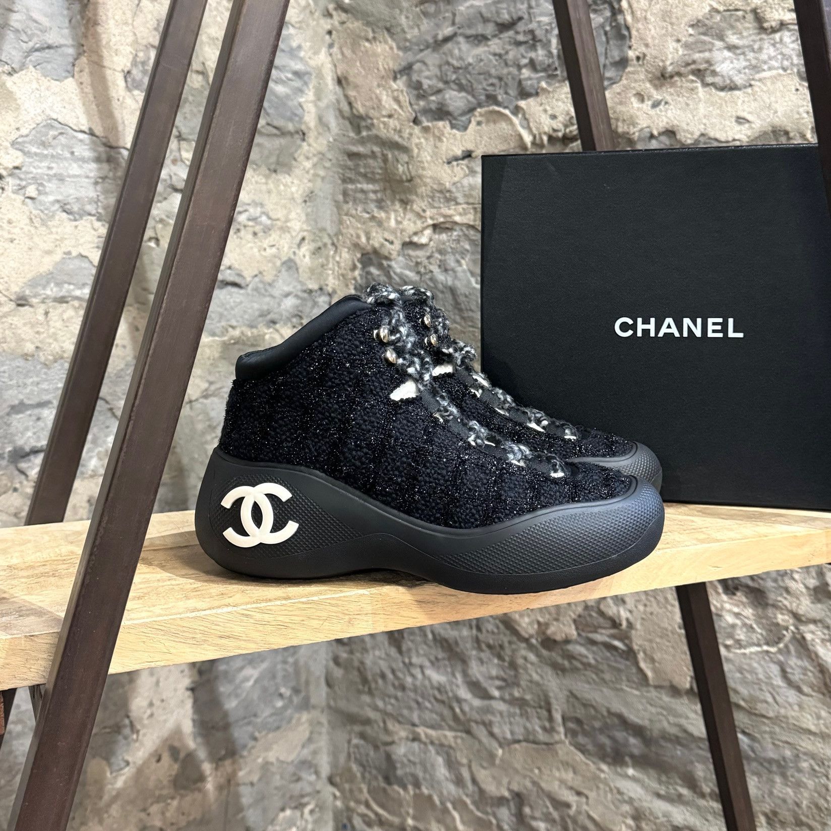 image of Chanel 2022 Black Tweed Cc Coco Neige Chunky Boots, Women's (Size 11)