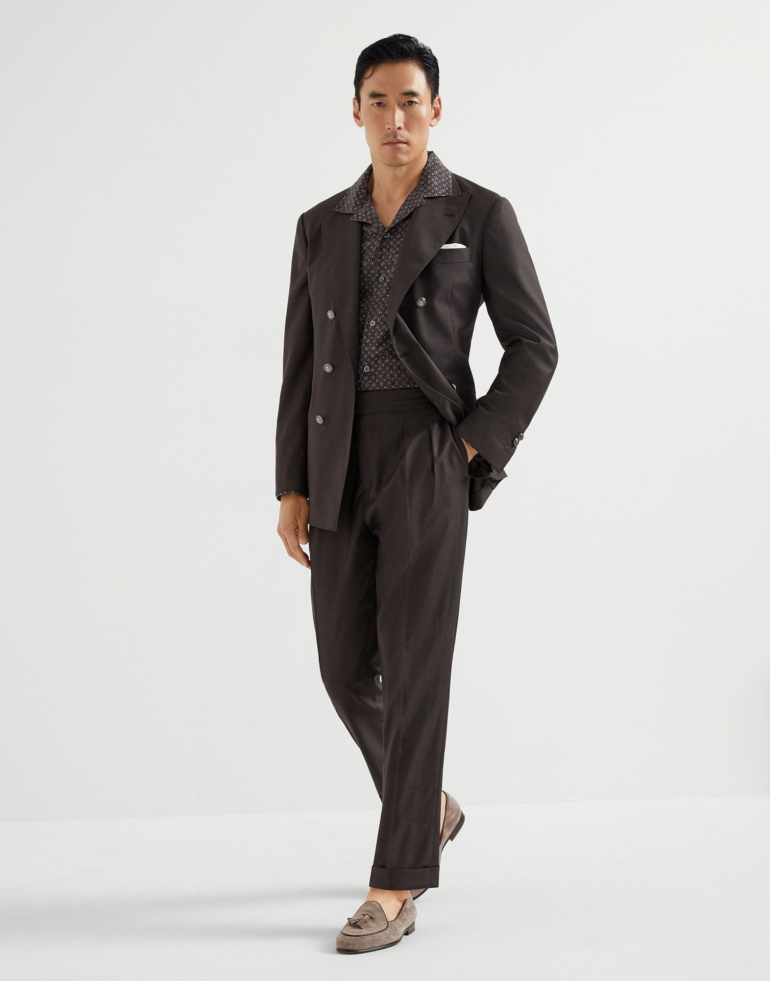 Brunello Cucinelli o1la1rc1a0326 Geometric Print Twill Easy Fit Shirt in Brown Size US M / EU 48-50 / 2 - 5 Thumbnail