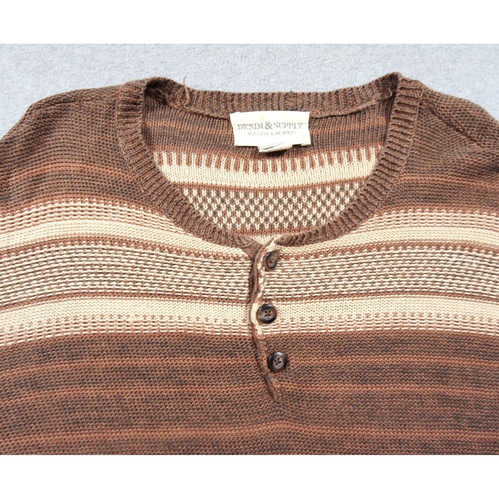 Vintage Denim & Supply Ralph Lauren Sweater Mens Large Brown Henley Knit Linen Striped Size US L / EU 52-54 / 3 - 2 Thumbnail