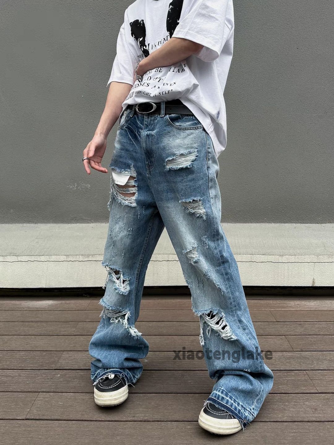 Washed faded punk grunge hiphop flared damaged jeans