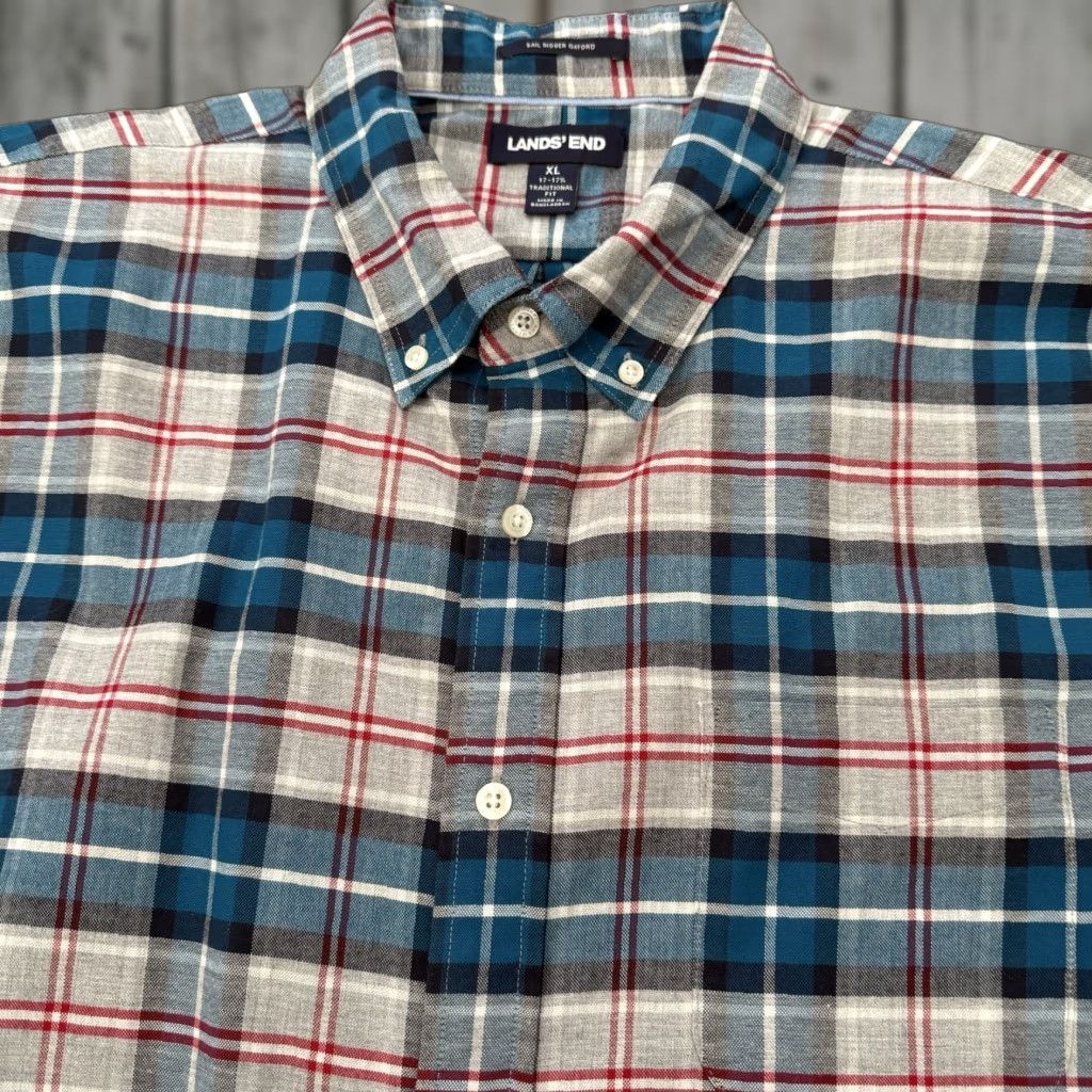 Lands' End Lands' End Sail Rigger Oxford Shirt Mens XL Teal Gray Check Traditional Fit Size US XL / EU 56 / 4 - 1 Thumbnail