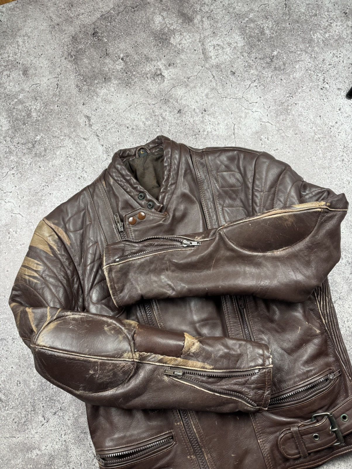 Vintage VINTAGE 80S BROWN BIKER RAMONES FADED RACING LEATHER JACKET Size US L / EU 52-54 / 3 - 8 Thumbnail