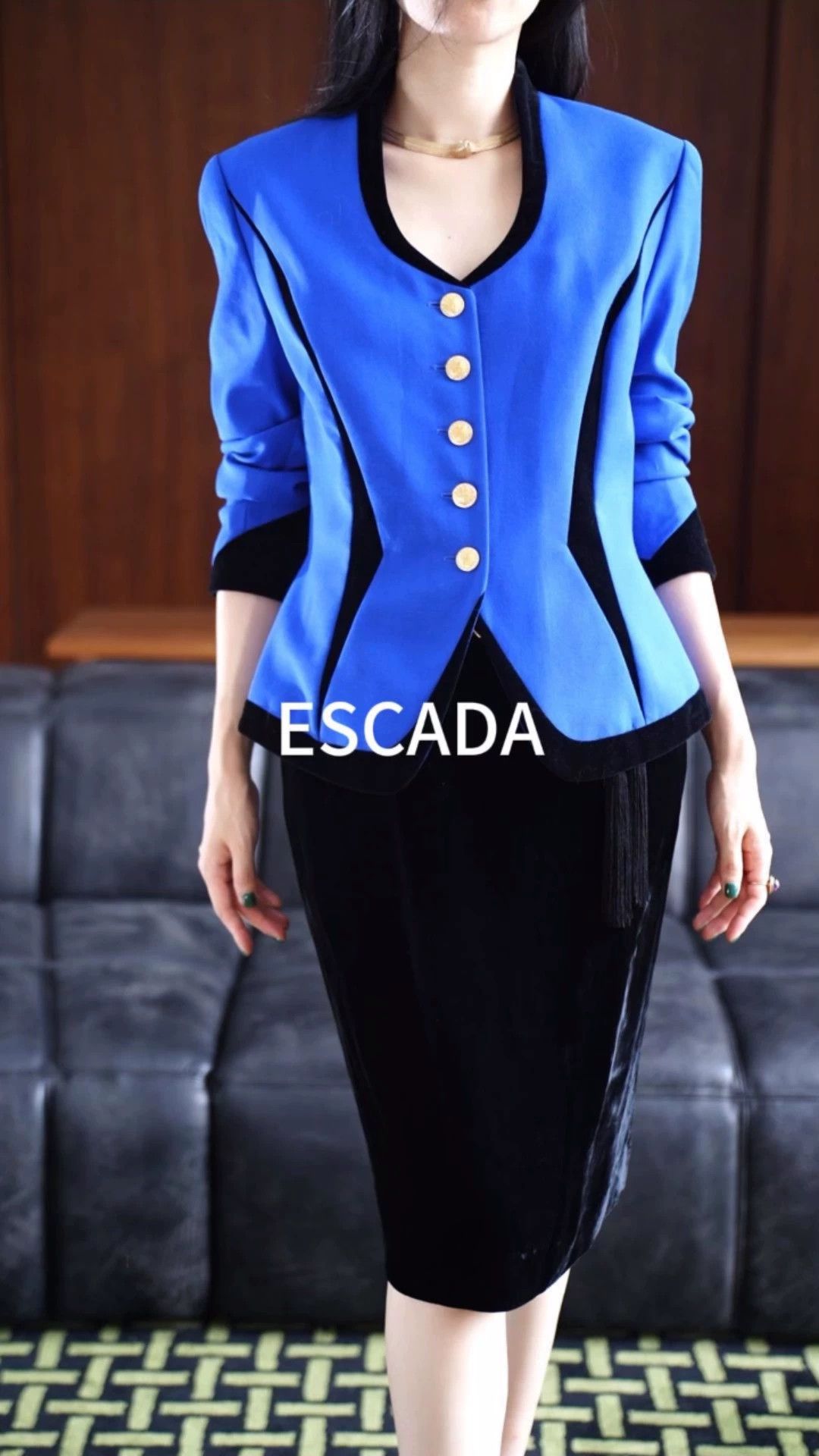 Escada Escada Vtg Blue Gold Wool & Black Velvet Suit Jacket D40 Size S / US 4 / IT 40 - 1 Thumbnail