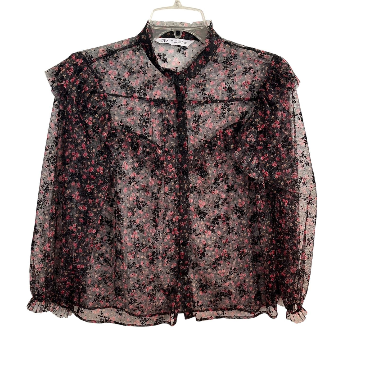 Zara ZARA Black Floral Sheer Ruffle Trim Blouse Size Small Size S / US 4 / IT 40 - 1 Thumbnail