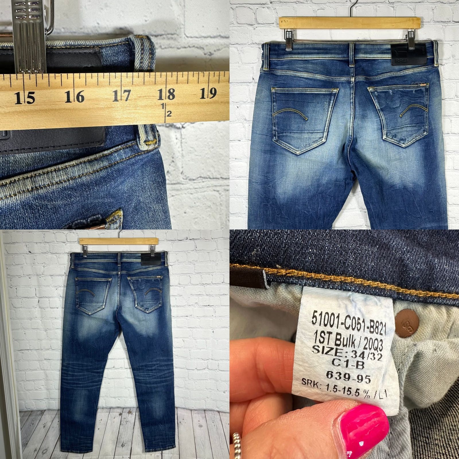 Vintage G-Star RAW 3301 Slim Distressed Denim Jeans Mens 34x32 Button Fly Blue Size US 34 / EU 50 - 8 Thumbnail