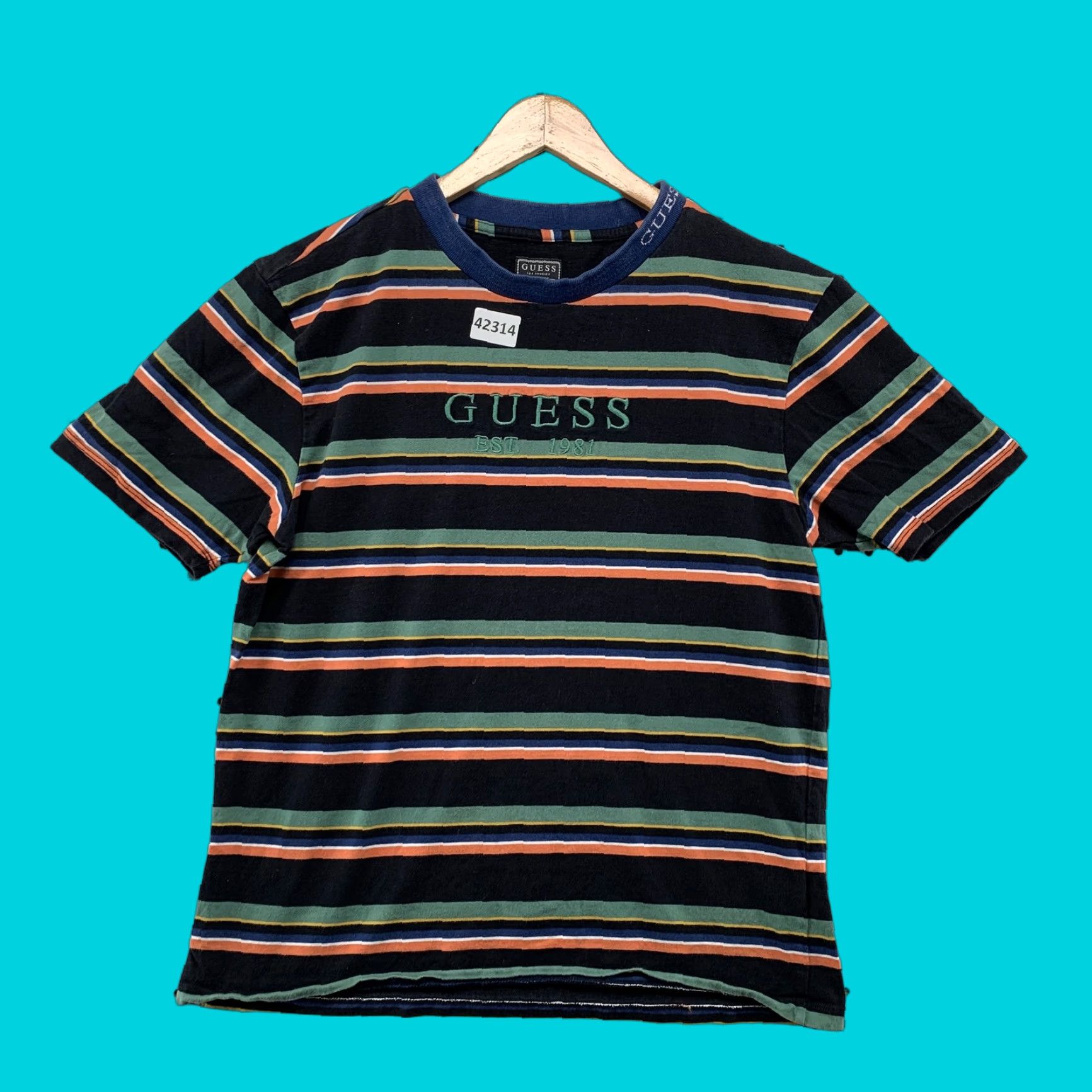 VINTAGE GUESS Mens T-Shirt Small Multi-Color Striped Crew Neck Logo Graphic Short Sleeve - Mens Small Black/Multicolor 1990s Theme