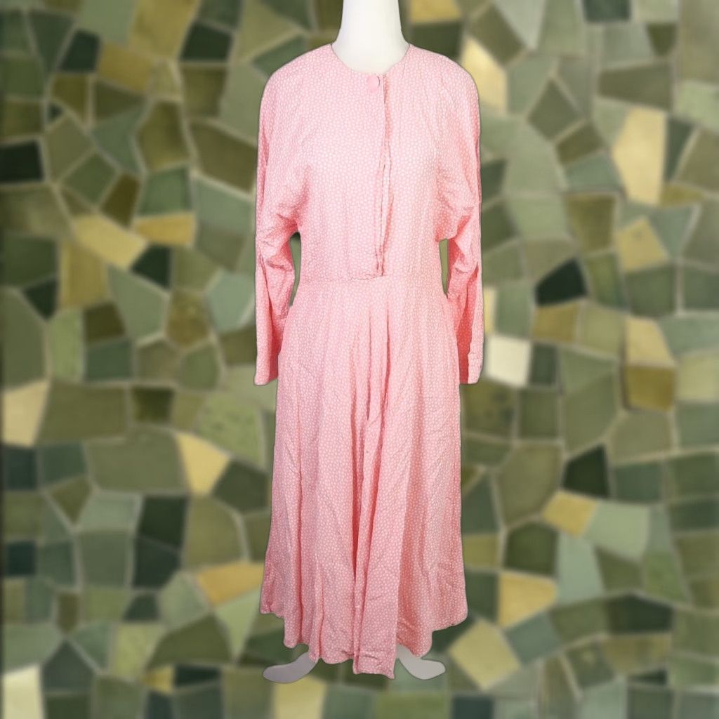 VINTAGE 80s E.D. Michaels Polka Dot Midi Dress Women Size 4 Pink White Long  Sleeve A-