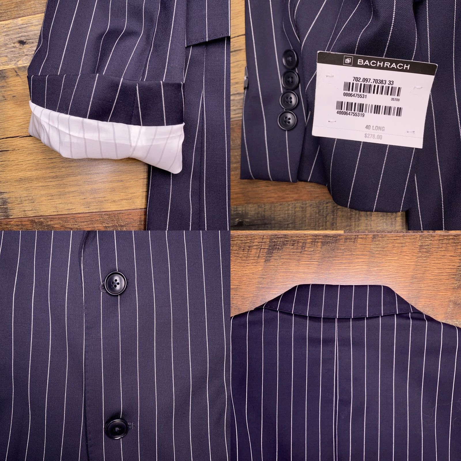 Vintage Bachrach Suit 40 Long Navy Blue Pinstripe Wool Pants 33 Waist Unhemmed New Size 40R - 8 Thumbnail