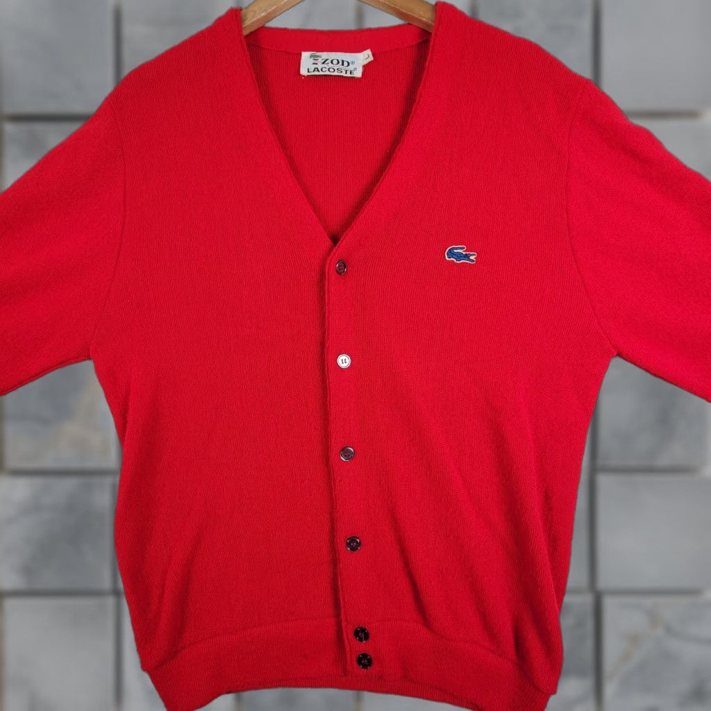 Lacoste VINTAGE Lacoste V-Neck Cardigan Sweater Red Men Size Large Button Logo Cardigan 80s 90s 60s Mens Size US L / EU 52-54 / 3 - 1 Thumbnail