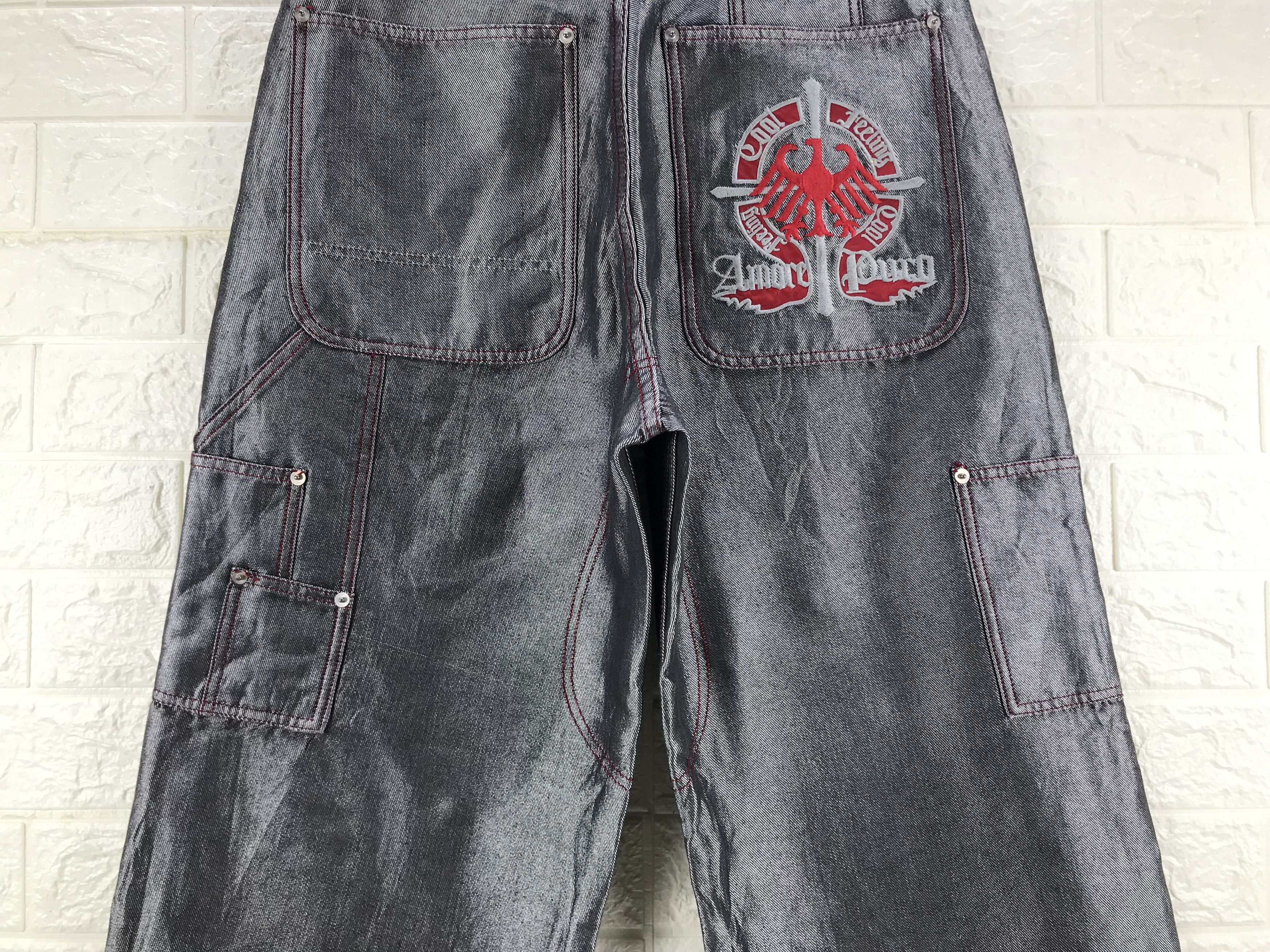 Japanese Brand Baggy Jeans Amore Puro Multi Pocket Glossy Grey Wide Denim Size US 31 - 3 Thumbnail