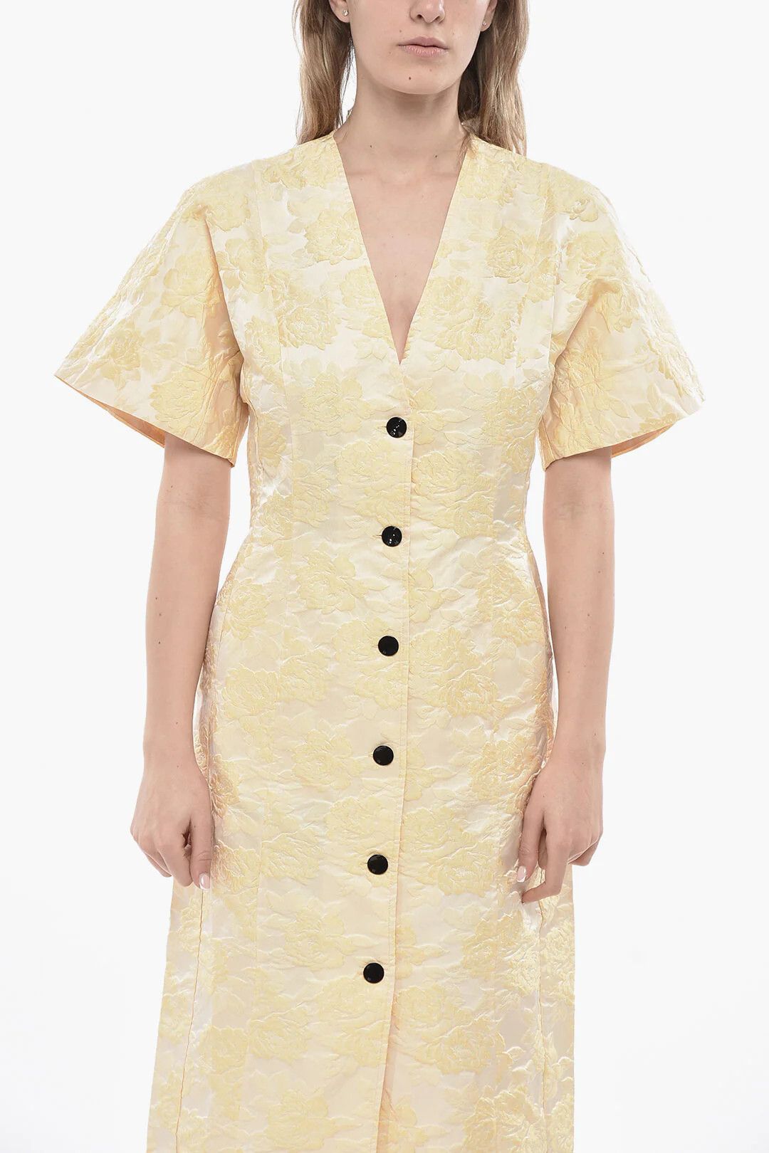 Ganni og1mm0426 Jacquard Short-Sleeved Shirt Dress in Yellow Size M / US 6-8 / IT 42-44 - 4 Thumbnail
