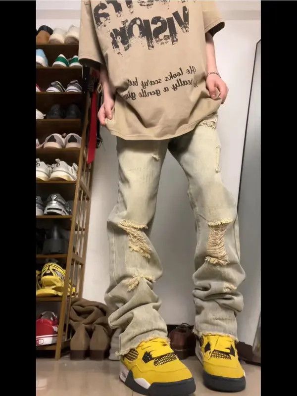Japanese Brand VIBE Retro yellow mud-dyed ripped raw edge denim trousers Size US 32 / EU 48 - 8 Thumbnail