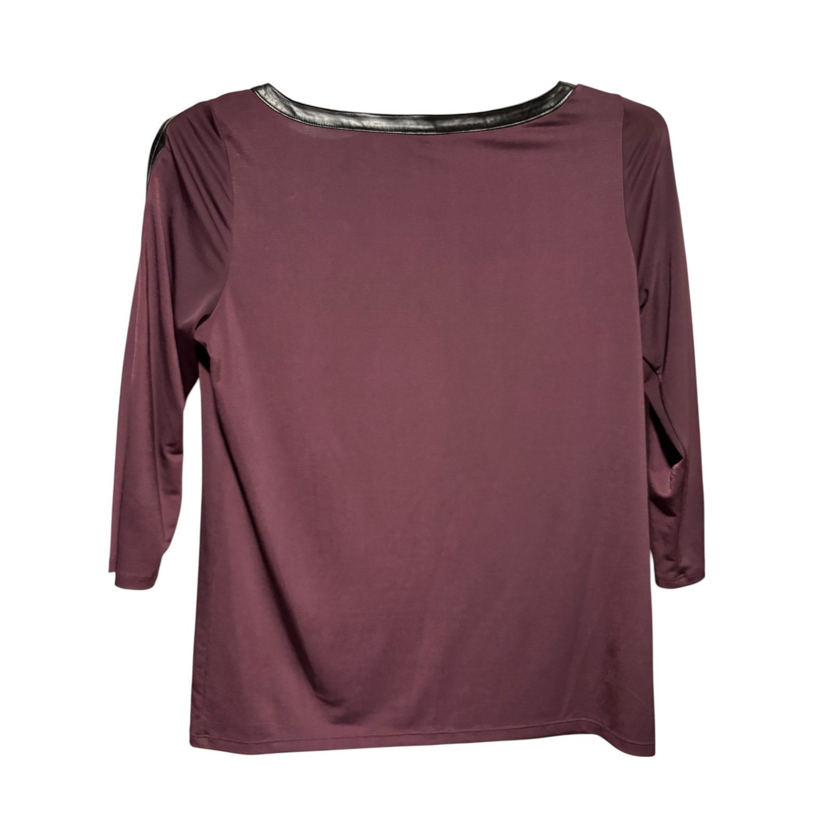 Ann Taylor Ann Taylor Maroon Black pLeather Trim 3/4 Sleeve Stretch Top Size M / US 6-8 / IT 42-44 - 3 Thumbnail