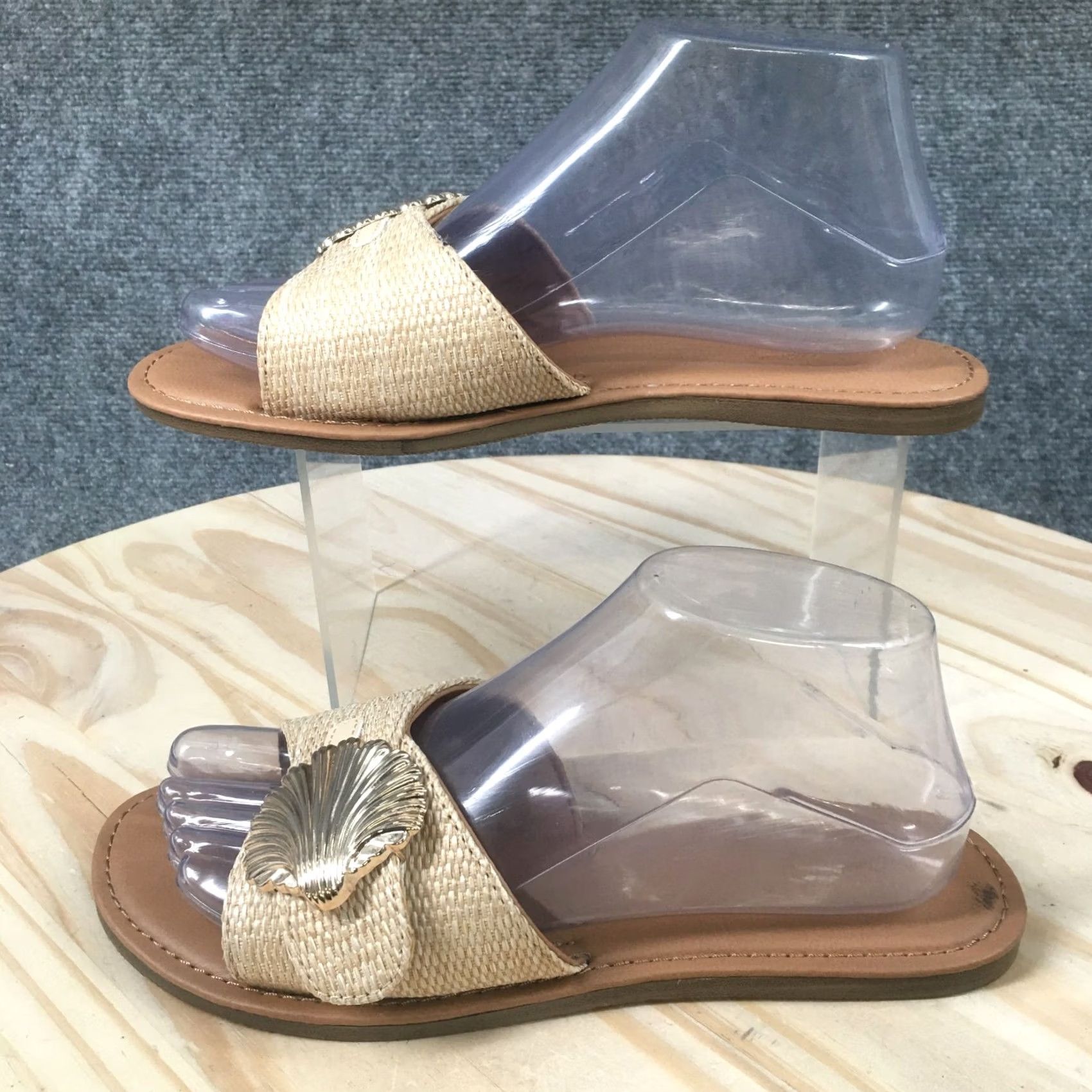 Vintage Universal Thread Sandals Womens 8 Nesryn Shell Ornament Flats Slide Brown Raffia Size US 8 / IT 38 - 2 Thumbnail