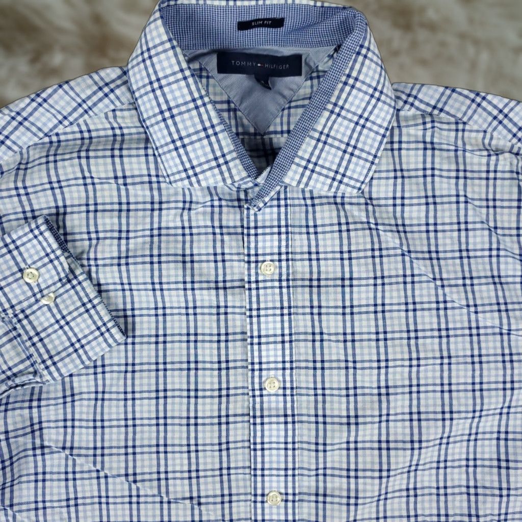 Tommy Hilfiger Tommy Hilfiger Dress Shirt Mens 16 Blue Plaid Long Sleeve Button Up 100% Cotton Regular Collar Size 42R - 1 Thumbnail