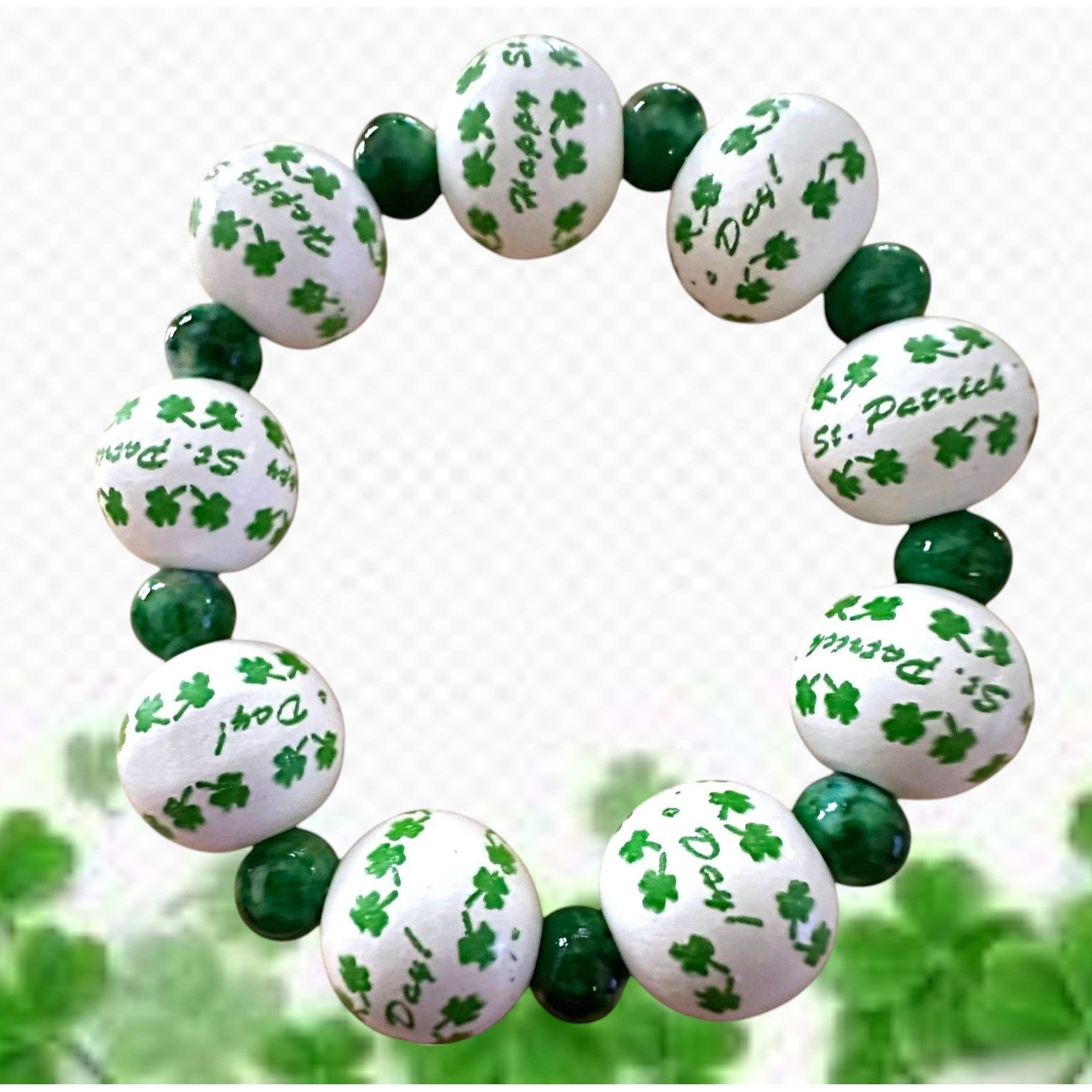 Handmade Happy St Patricks Day Shamrock Wood Beaded Stretch Bracelet Size ONE SIZE - 1 Thumbnail