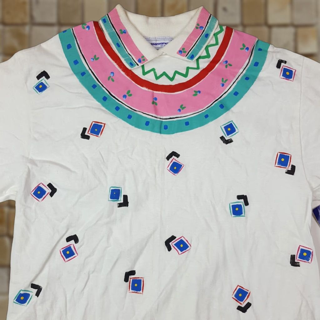 Vintage VINTAGE JD Designworks T-Shirt 80s Collared Short Sleeve USA Hand Painted Size Large White Mens Womens, Adult Unisex Cotton Regular Size L / US 10 / IT 46 - 1 Thumbnail
