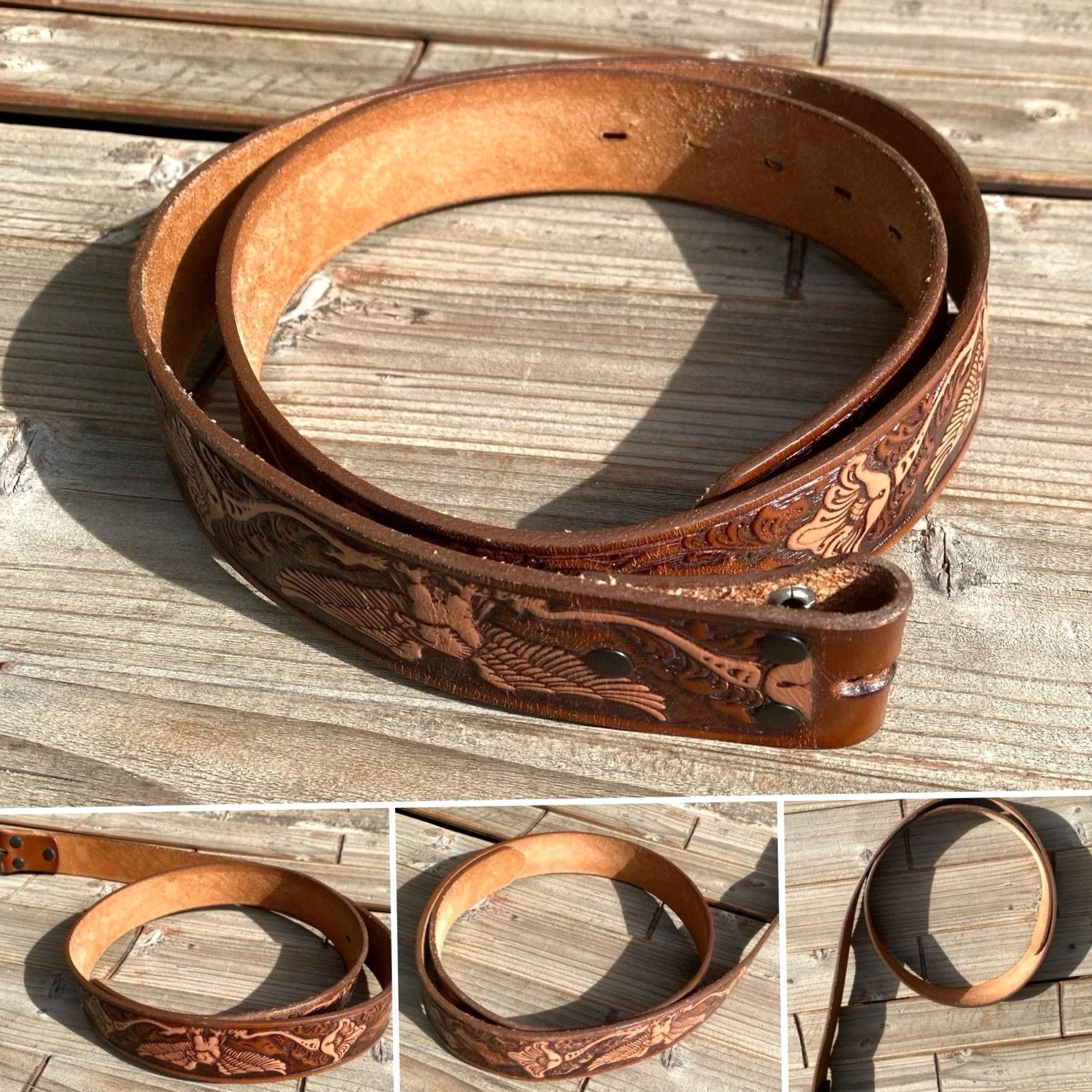 Vintage VINTAGE Eagle Tooled Leather Belt Mexico Western Biker Americana Cowboy Sz 38 40 Size 38 - 2 Thumbnail