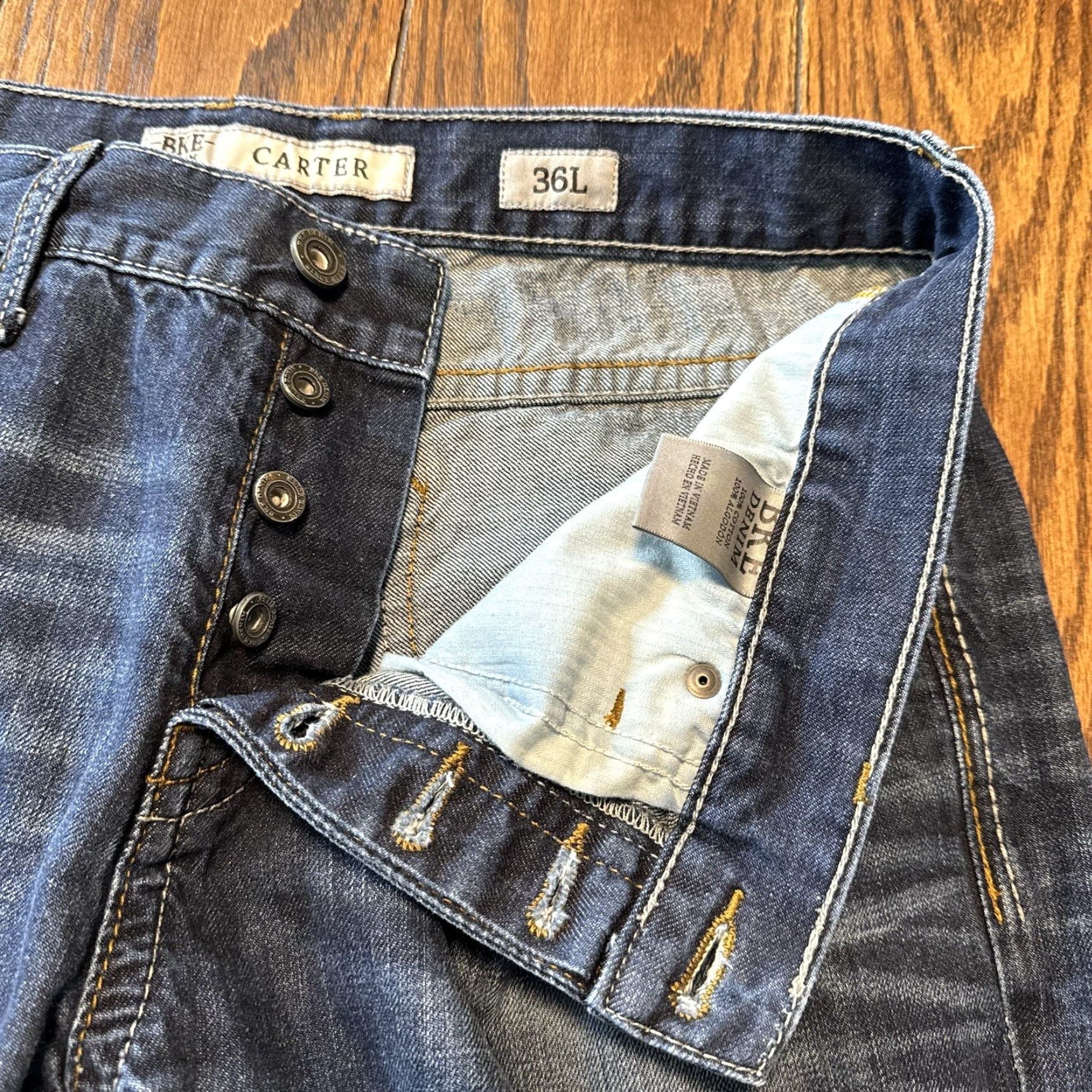 Vintage BKE Carter Jeans 35x33 Dark Wash Blue Denim Distressed Thick Stitch Straight Regular Mens Jeans Size US 28 / EU 44 - 7 Thumbnail