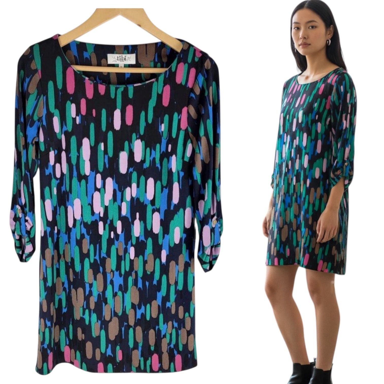 Tibi Tibi Abstract Printed Mini Dress Roll Tab Sleeves Crew Neck Size S / US 4 / IT 40 - 1 Thumbnail